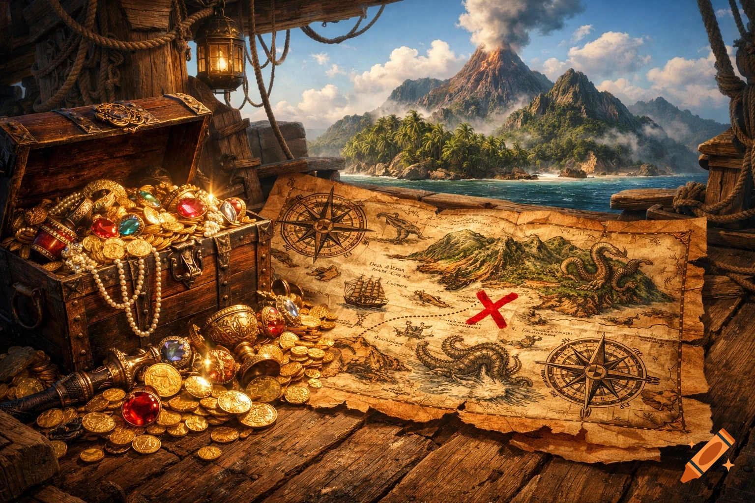 A detailed treasure map with an 'X' marks the spot, a treasure chest overflowing with gold and jewels on a wooden ship deck, overlooking a volcanic island with palm trees and an ocean.