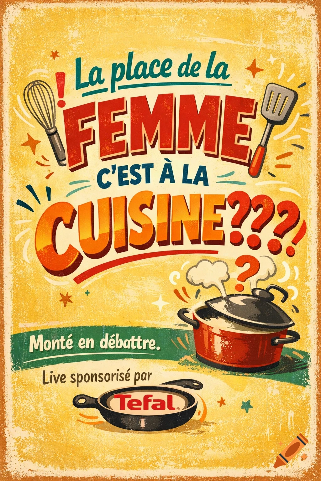 A vintage-style poster questions if a woman's place is in the kitchen, featuring kitchen utensils and a Tefal logo.