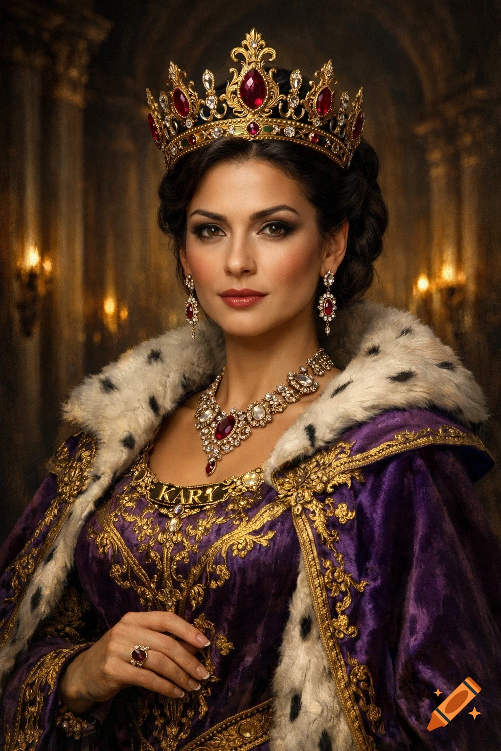 Regal woman in a gold and ruby crown, necklace, and a purple fur-lined gown, in a lavish, dimly lit royal setting.