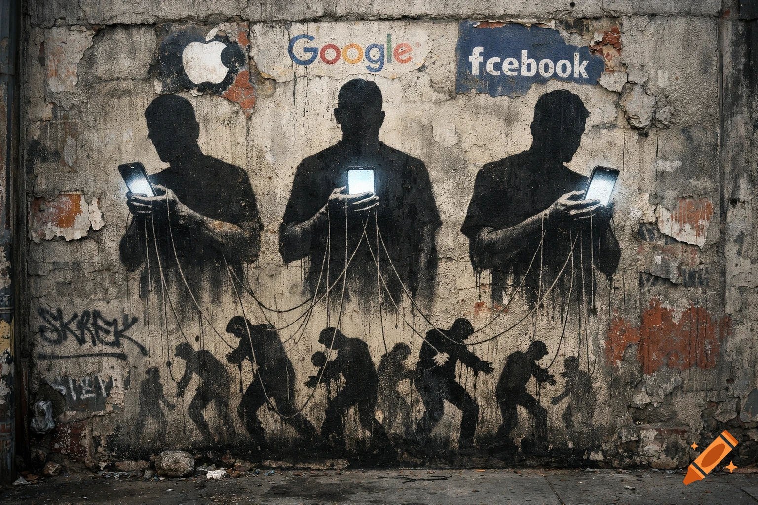 A gritty stencil mural on a cracked wall shows three large silhouettes holding glowing smartphones, controlling smaller figures below like puppets. Tech logos are on the wall.
