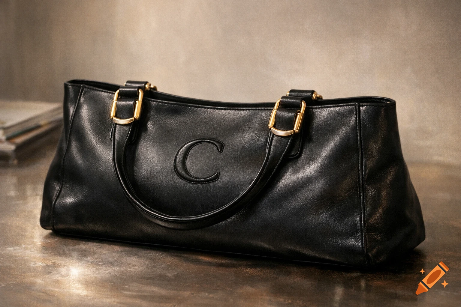 A black leather handbag with an embossed 'C' logo and gold buckles, resting on a textured surface.