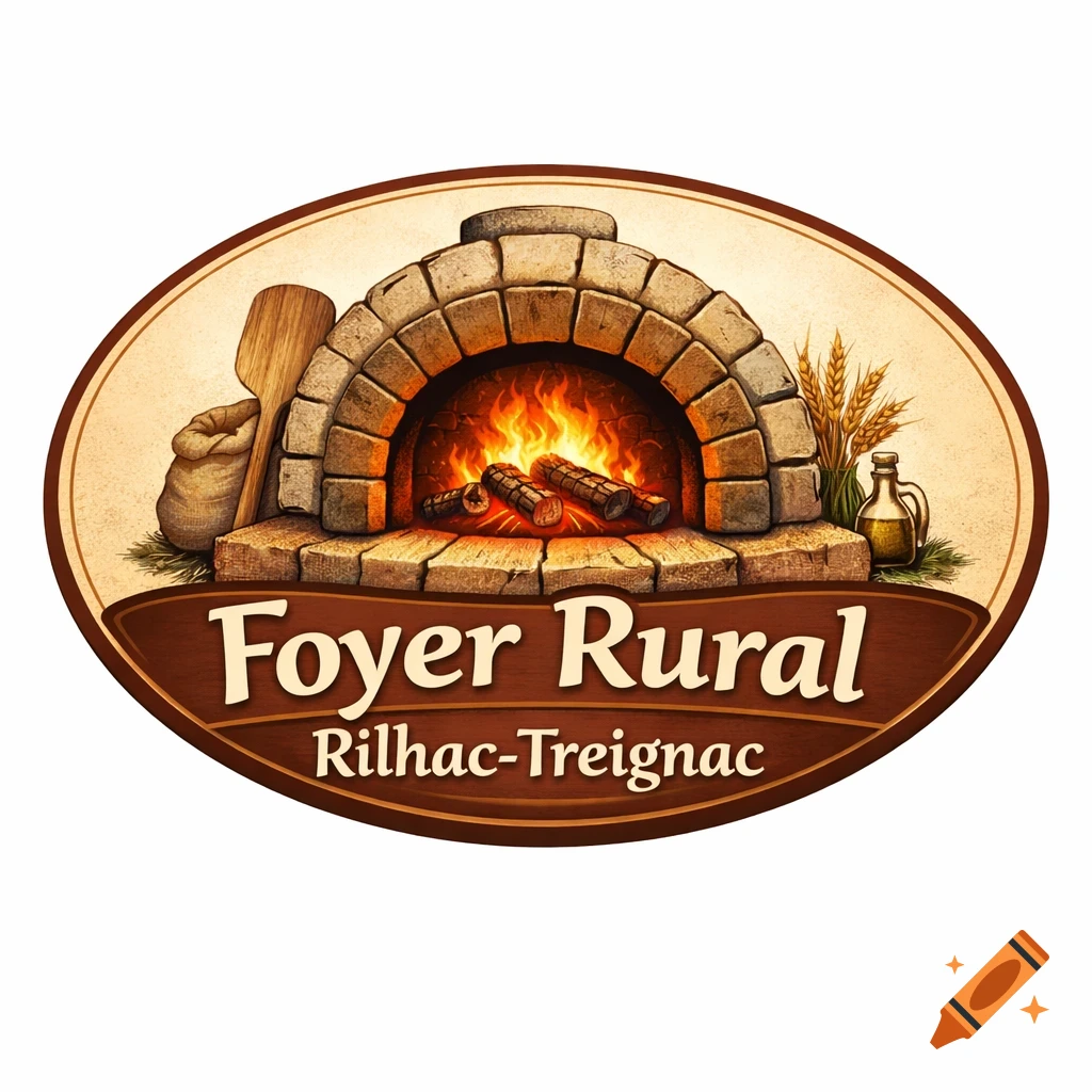 Oval logo with a traditional stone bread oven, fire, wooden paddle, flour sack, wheat, oil bottle, and text 'Foyer Rural Rilhac-Treignac'.
