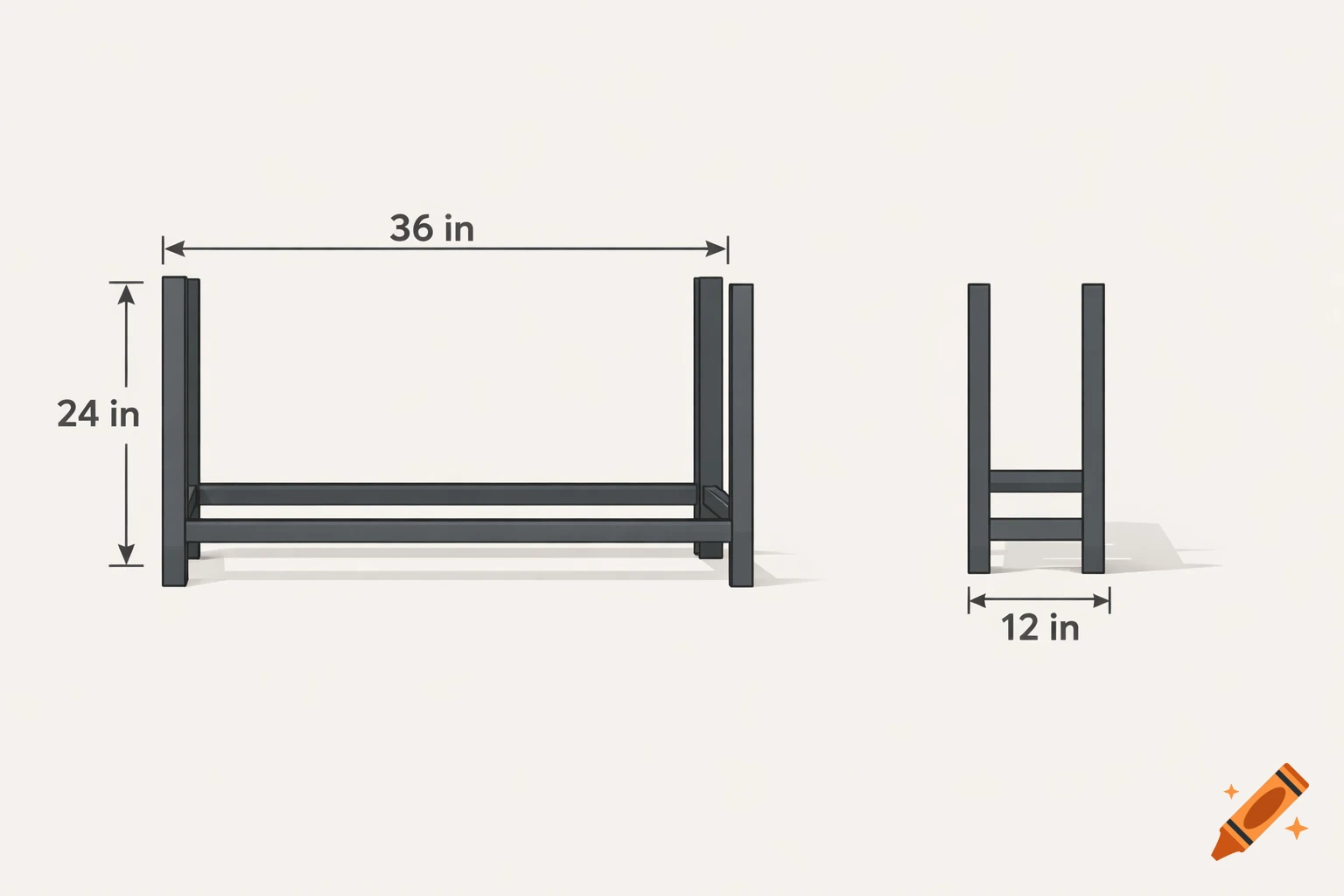 Diagram of a dark gray firewood rack frame with labeled dimensions: 36 inches long, 24 inches high, and 12 inches deep.