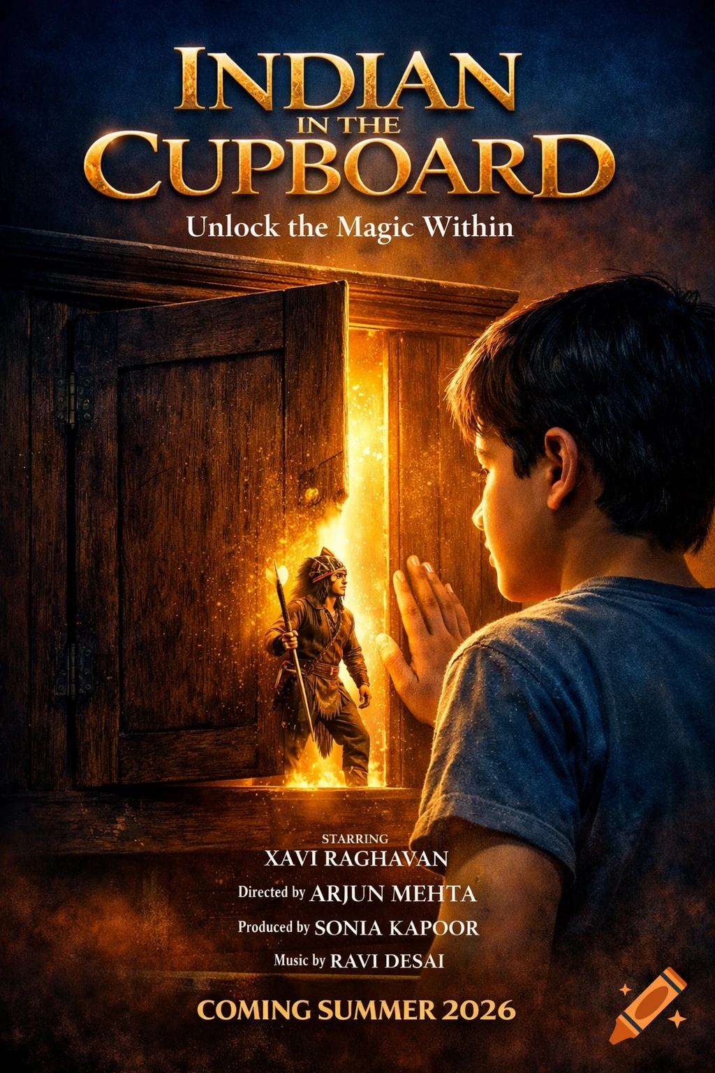 Cinematic movie poster for 'Indian in the Cupboard' showing a boy looking into a glowing wooden cupboard with a tiny warrior holding a spear.