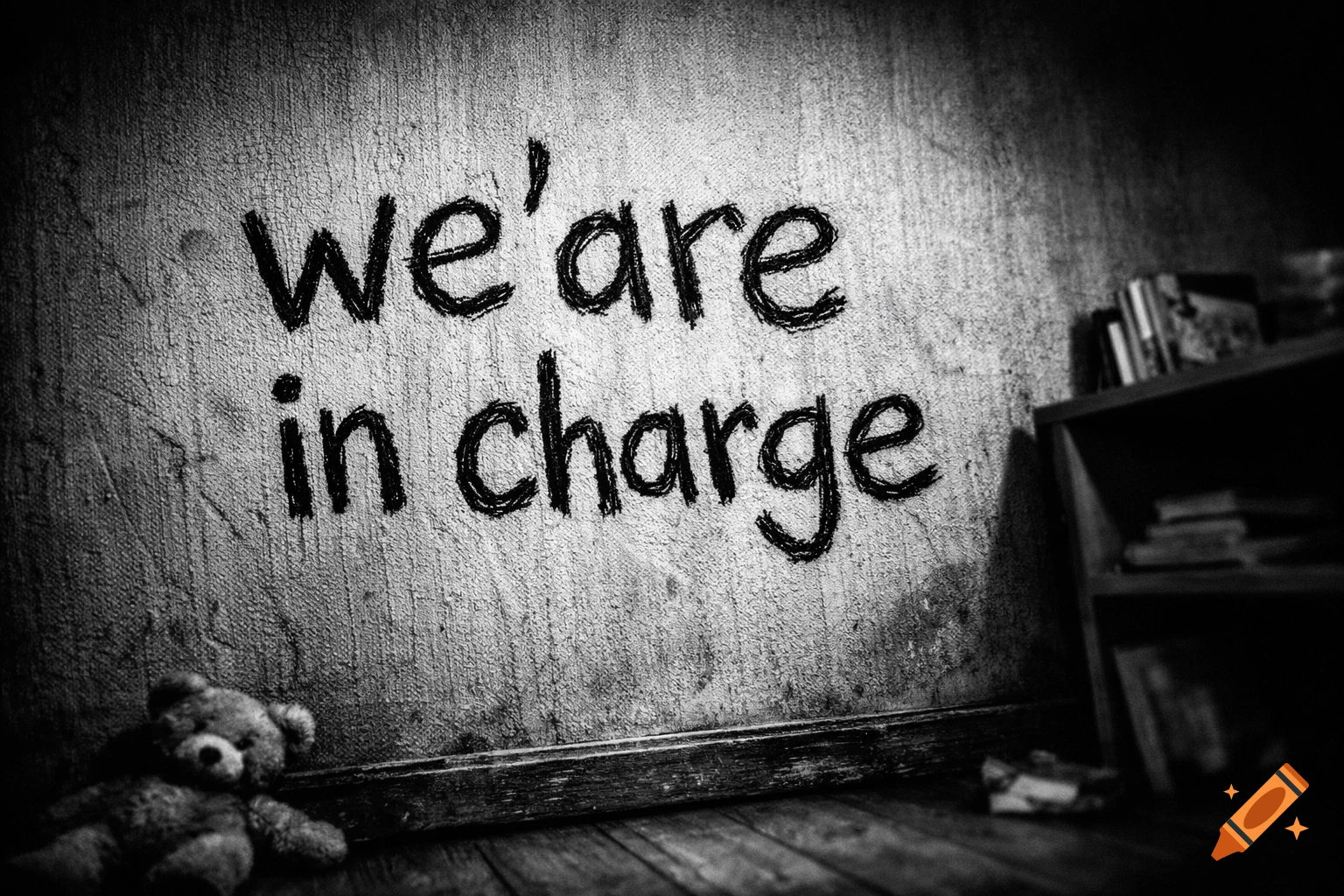 Black and white photo of 'we'are in charge' written on a textured wall, with a teddy bear and bookshelf in a dark room.