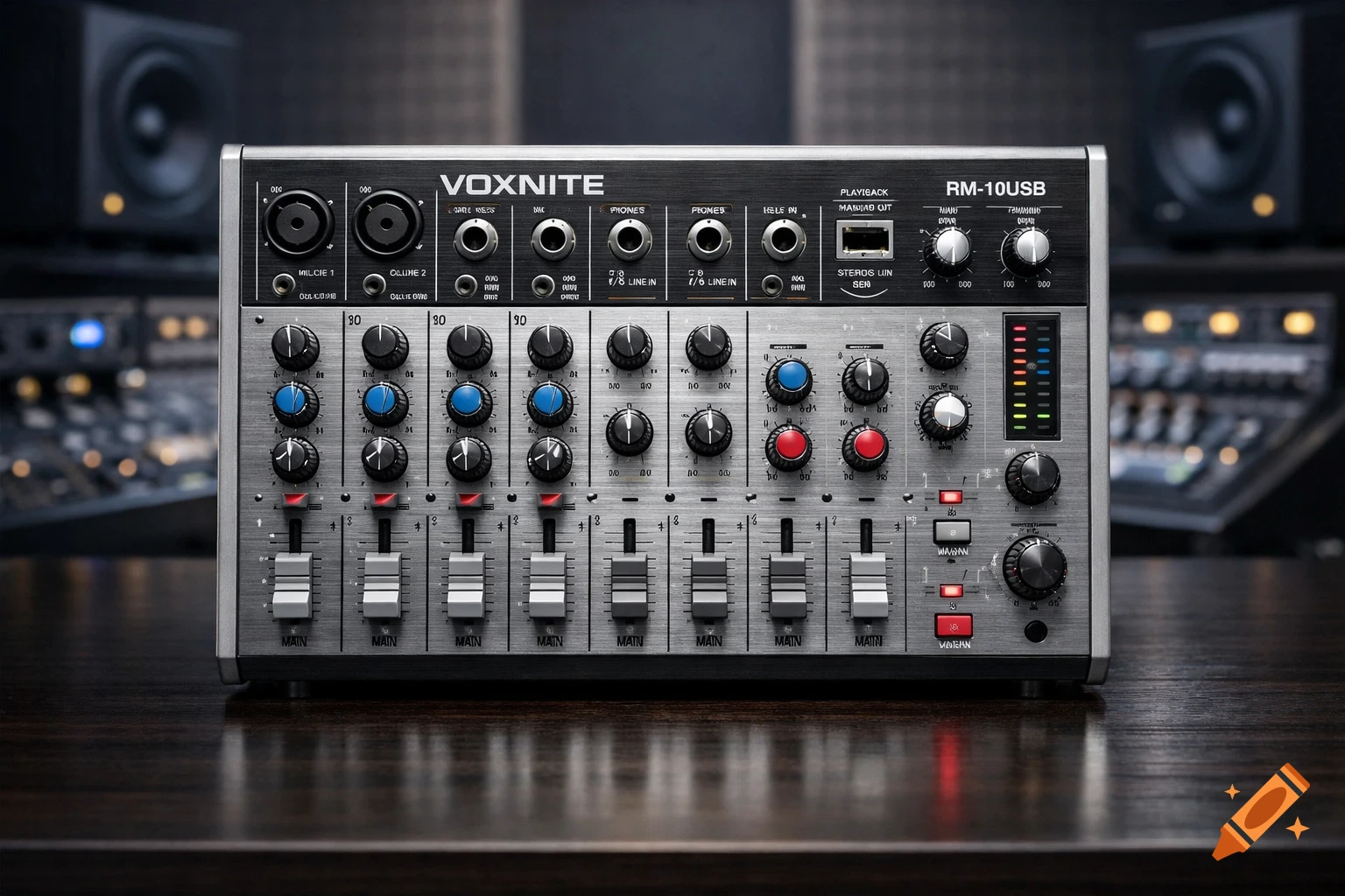 A detailed, realistic photo of a silver VOXNITE RM-10USB audio mixer with many knobs, faders, and input jacks on a dark wooden surface.