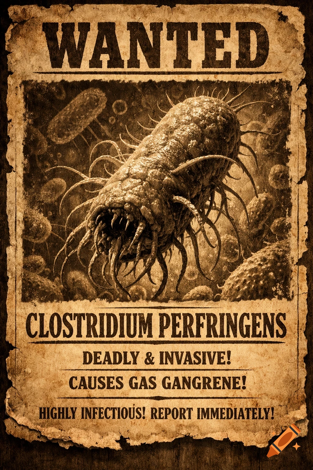 Vintage wanted poster for Clostridium Perfringens, depicted as a large, spiky, tentacled monster microbe.