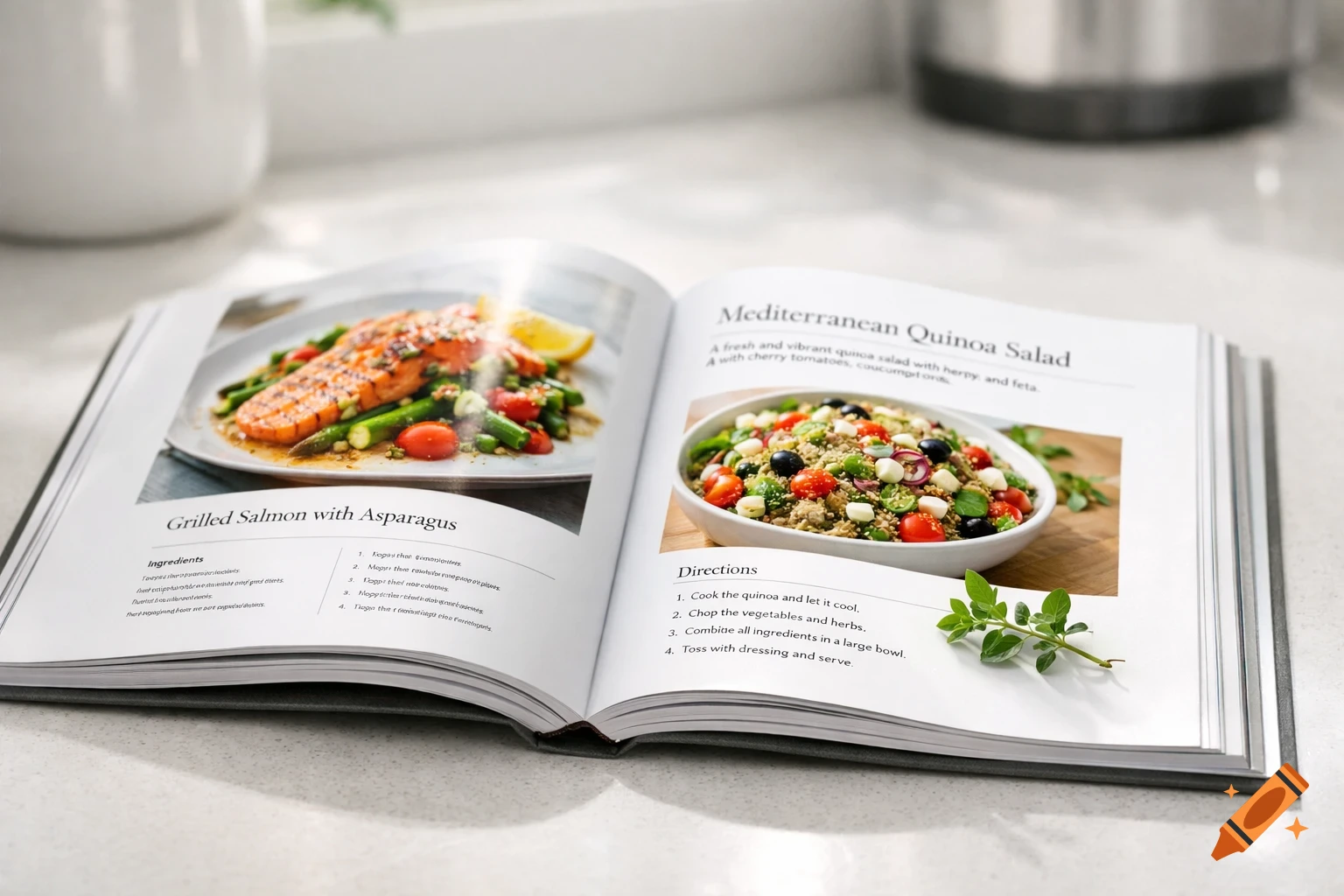 Open cookbook on a counter displaying recipes for grilled salmon and quinoa salad.