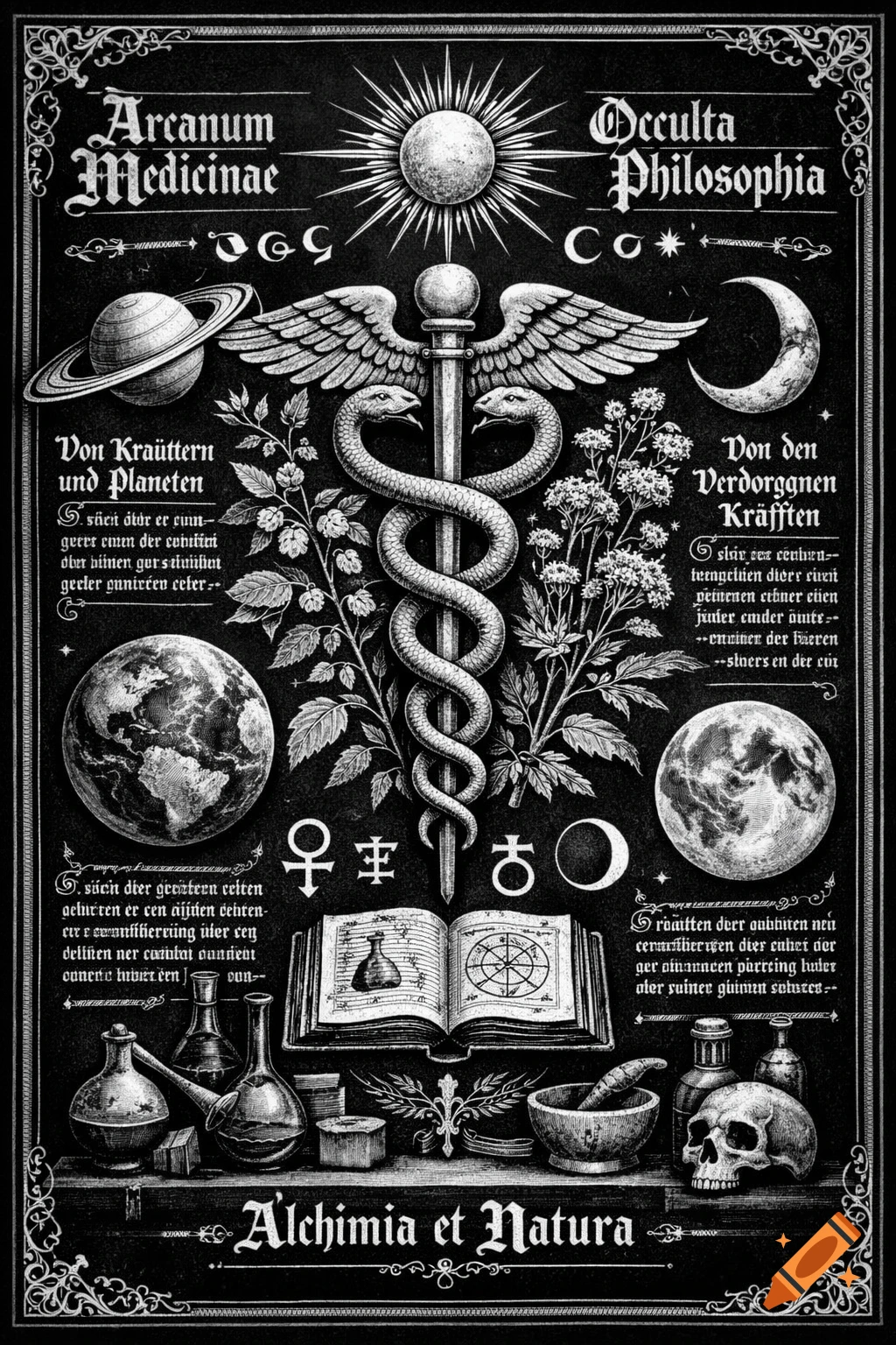Black and white medieval-style illustration of alchemical and astrological symbols, including a caduceus, sun, moon, planets, herbs, an open book, and a skull.