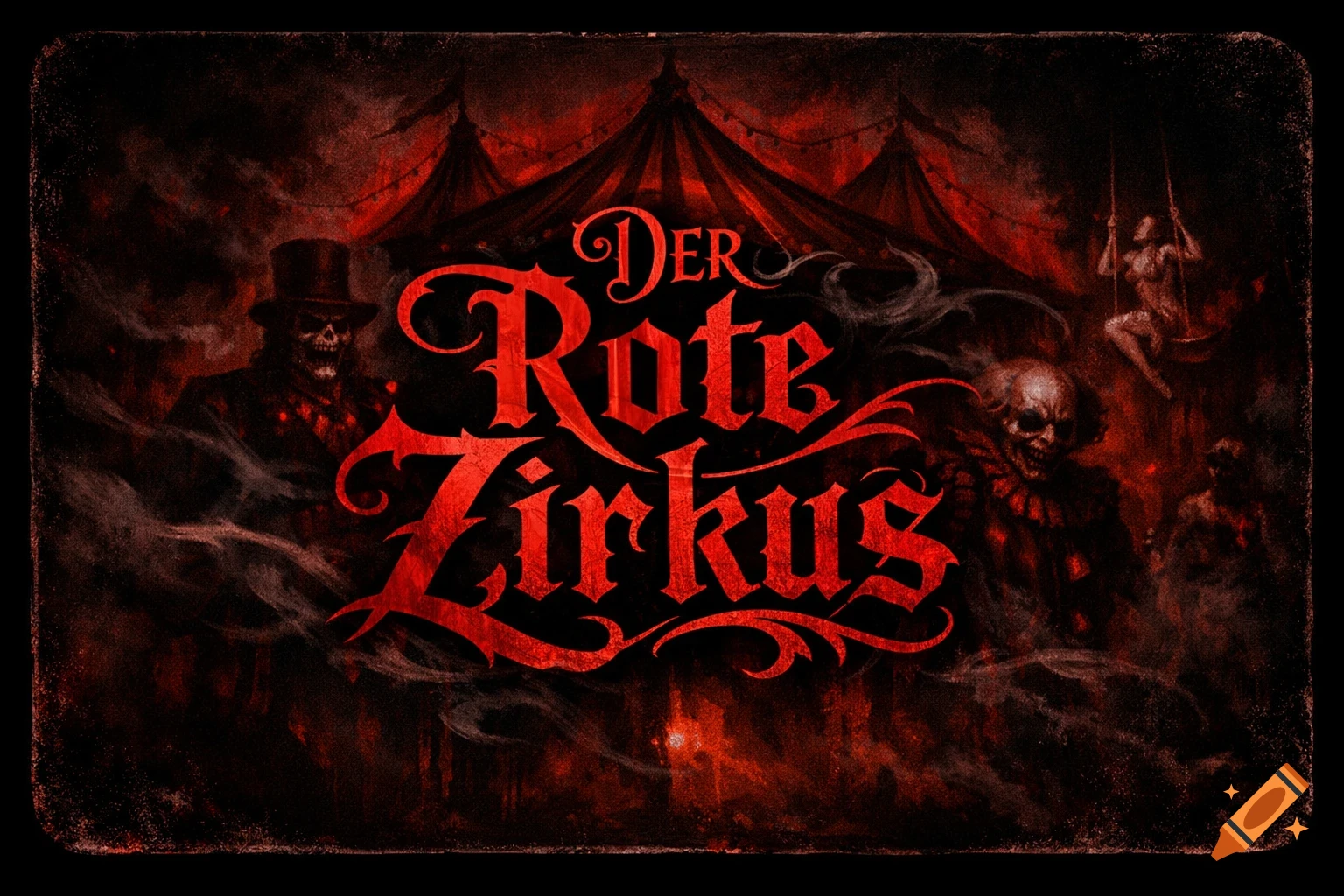 Dark, gothic circus poster with skeletal figures and a clown skull under red tents, featuring the bold red text 'Der Rote Zirkus' on a black background.