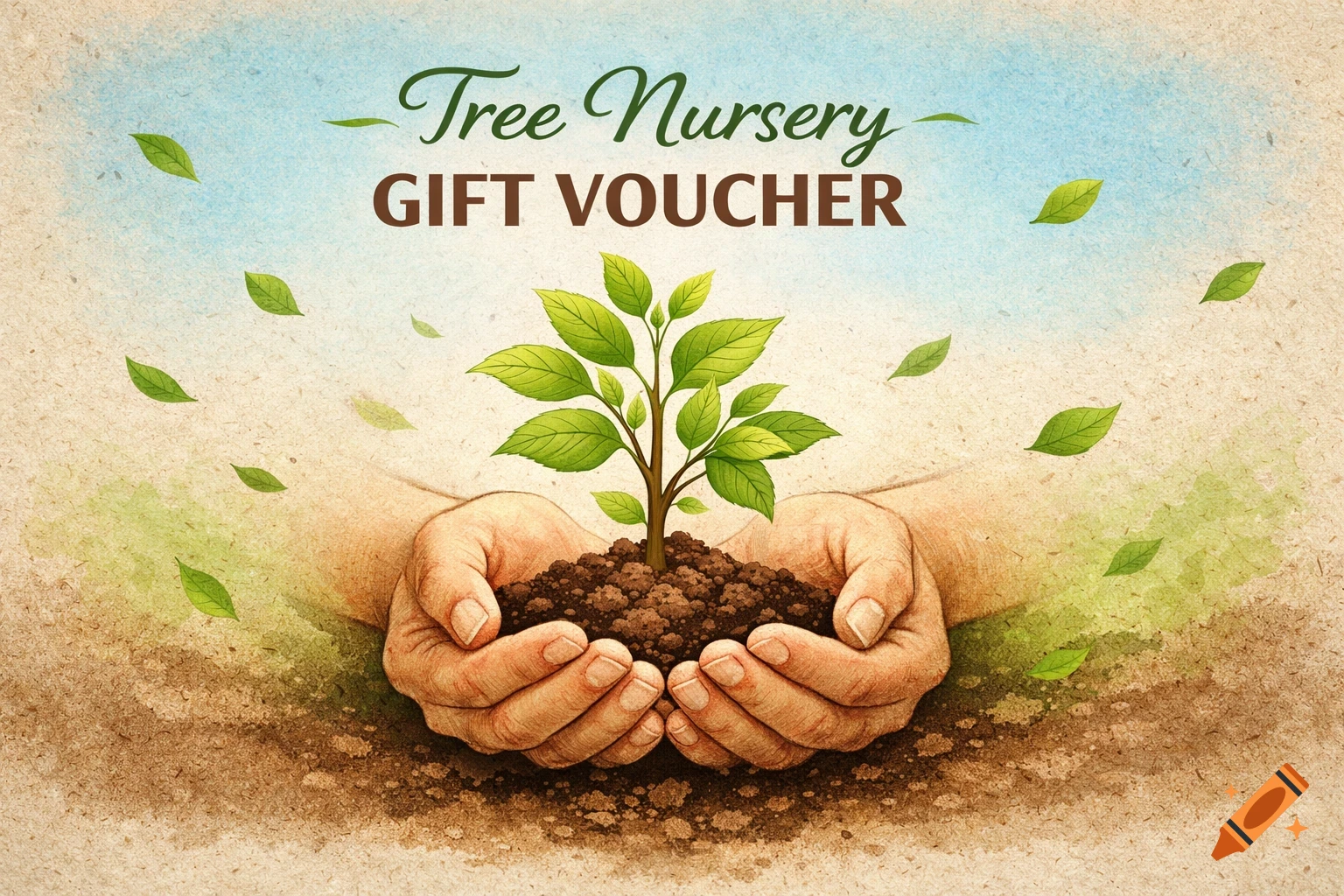Stylized illustration of hands holding a young plant in soil, with 'Tree Nursery GIFT VOUCHER' text above, on a watercolor-textured background.