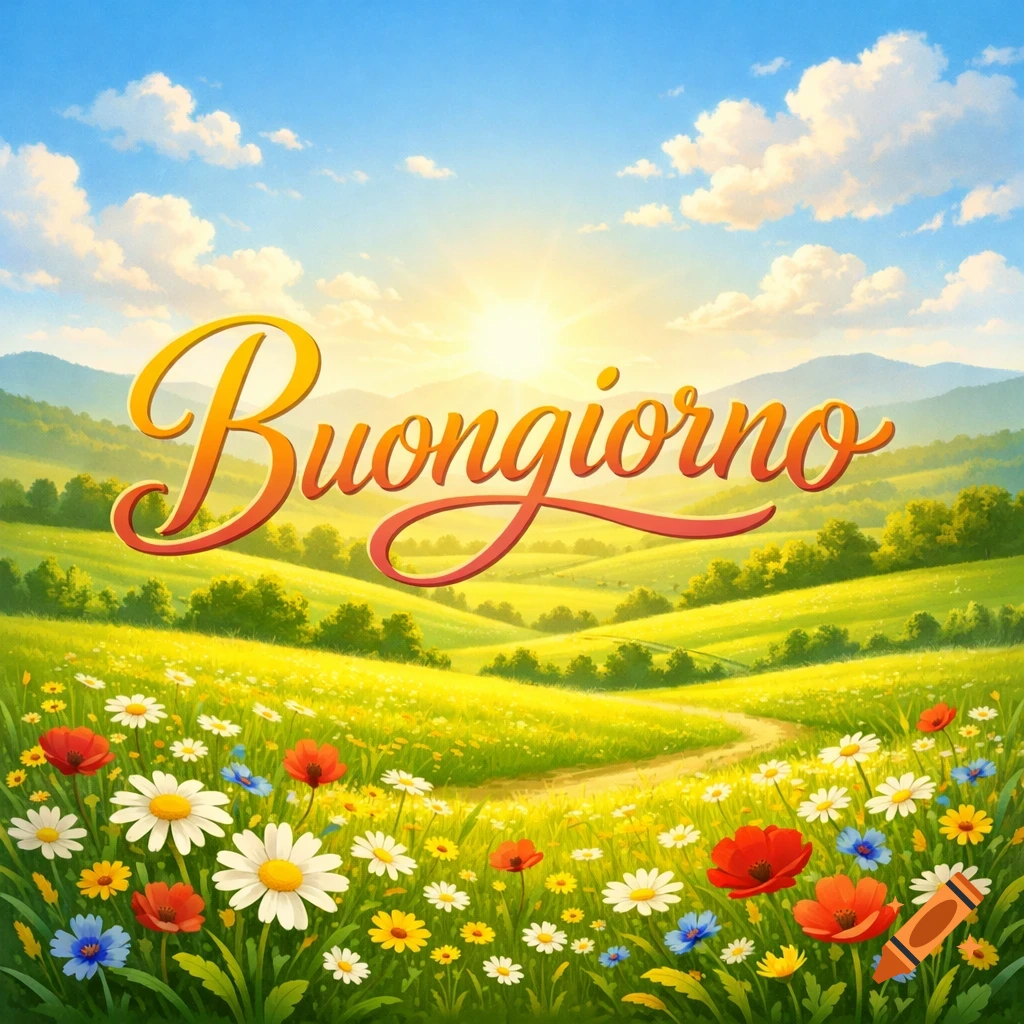 Serene digital illustration of a morning landscape with rolling green fields, wildflowers, and "Buongiorno" in elegant calligraphic text.