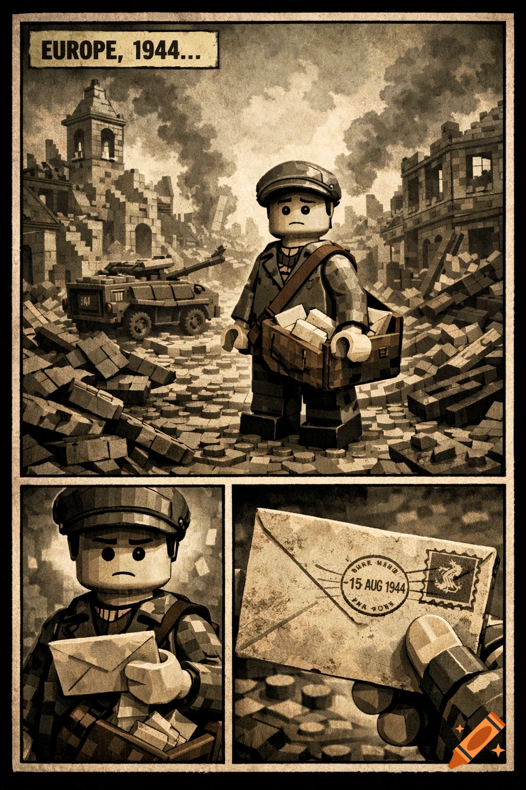 A sepia-toned comic panel shows a LEGO postman in a war-torn European city in 1944, holding a letter, with rubble and a tank.