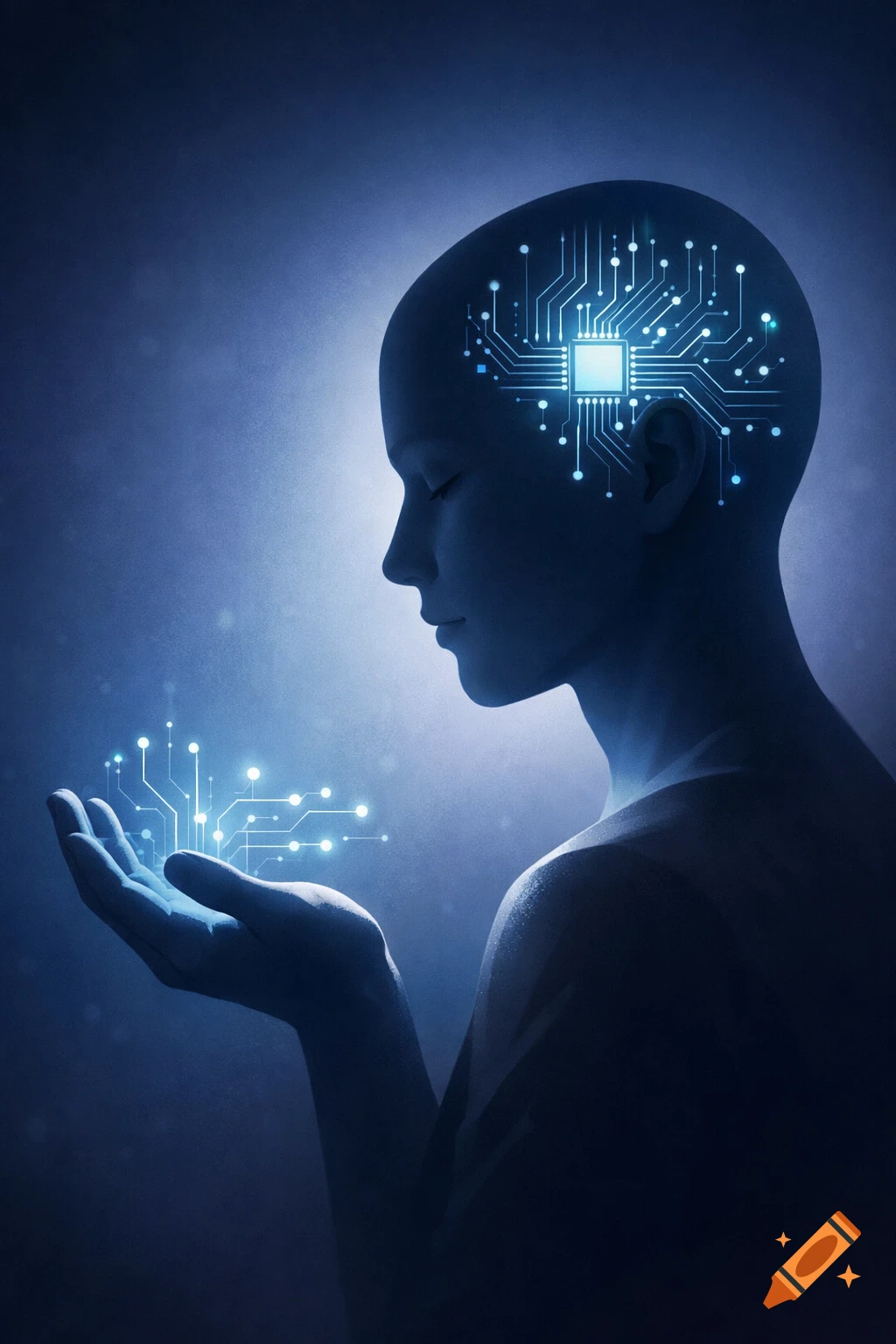 Human silhouette with glowing circuit board in head and hands, conceptual art on a dark blue background.