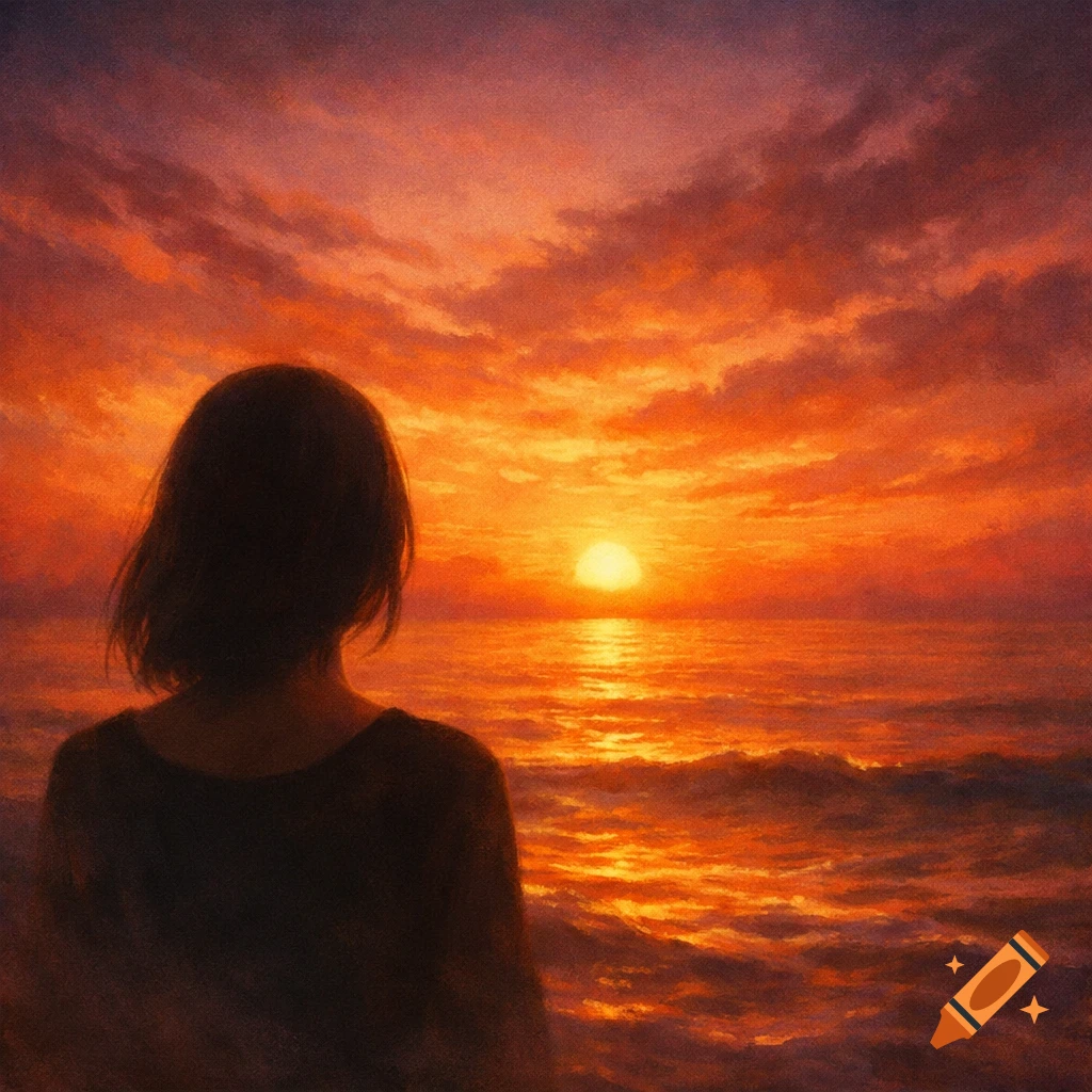 A woman's silhouette looks out at a vibrant orange and red sunset over the ocean, with a calm, peaceful artistic vibe.