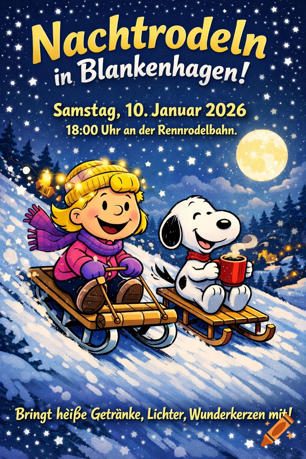 Peanuts characters Sally and Snoopy sledding down a snowy hill at night under a full moon, advertising a winter event.