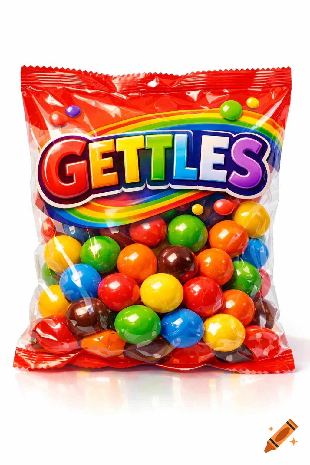Photorealistic image of a vibrant red bag of 'GETTLES' candy, filled with colorful, glossy, spherical candies.
