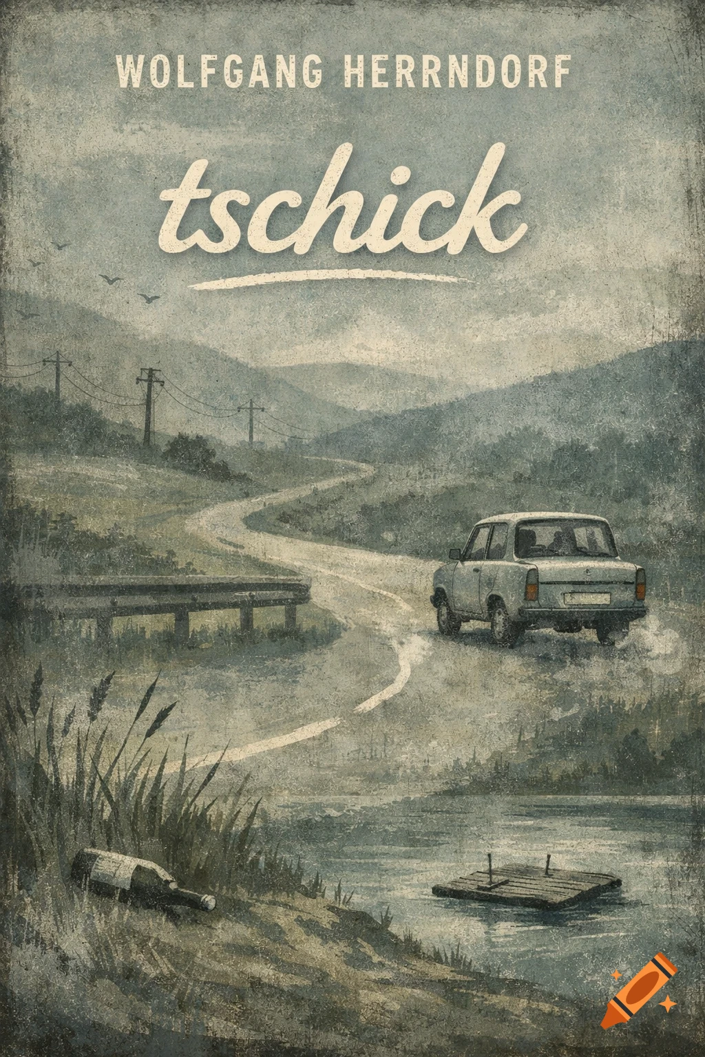 A vintage-style illustration of a book cover titled "tschick" by "WOLFGANG HERRNDORF", featuring a car on a winding road through a misty, hilly landscape.