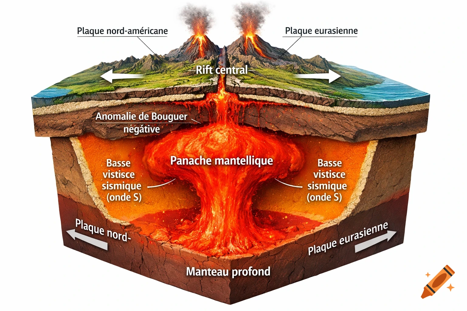 A scientific cross-section diagram of Iceland's geodynamics, showing a volcanic island with a central rift valley and volcanoes, diverging tectonic plates (North American and Eurasian), and a deep mantle plume (Panache mantellique) rising to the surface, with French labels.