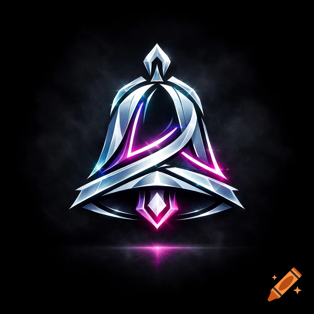 A stylized, metallic bell logo with glowing pink and blue accents on a dark, smoky background.