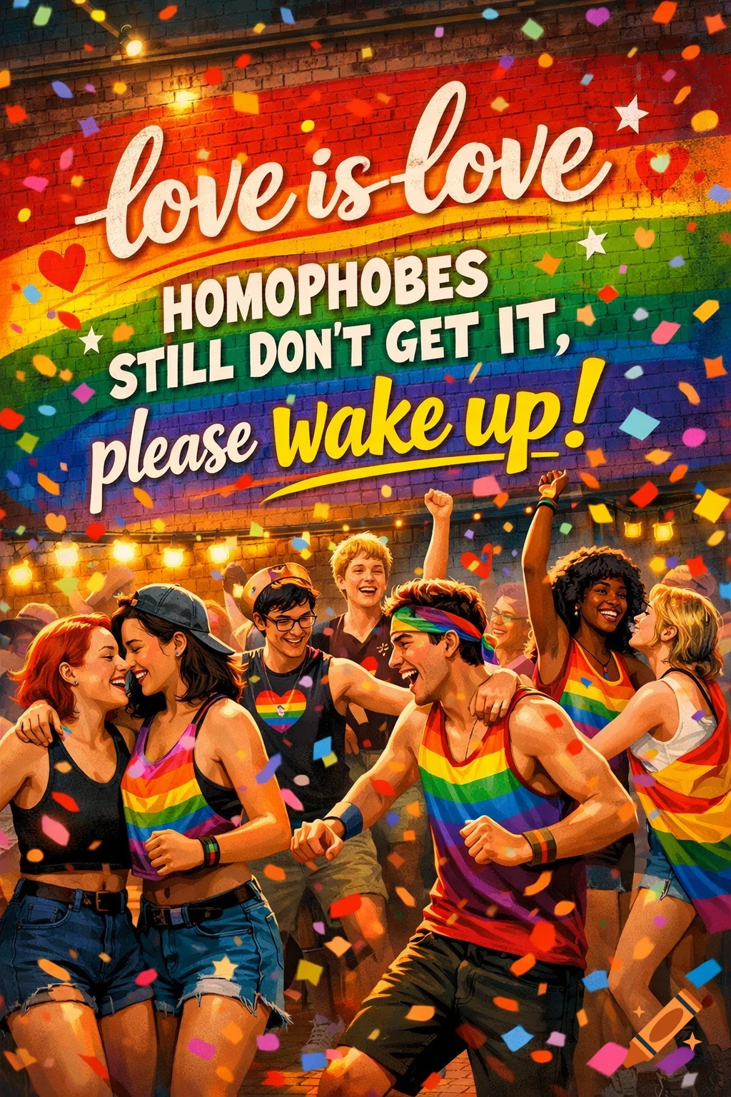 A vibrant mural with "love is love" text, depicting diverse people celebrating with rainbow clothing and confetti.