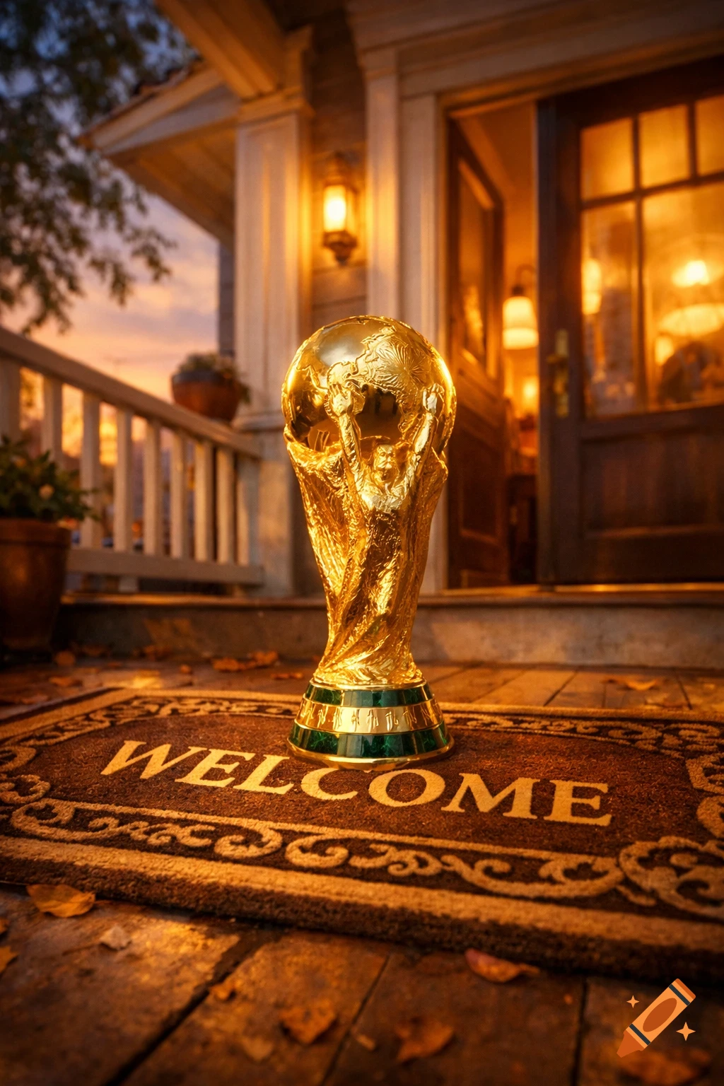 Photorealistic image of a golden World Cup trophy on a 'WELCOME' doormat at the entrance of a house with a porch during dusk.