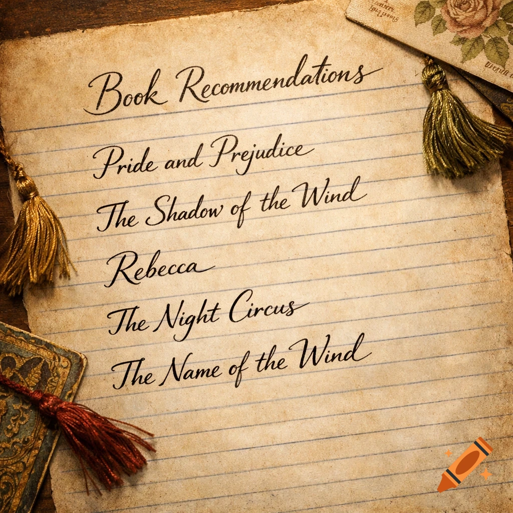 A vintage-style piece of lined paper with "Book Recommendations" and a list of book titles in cursive, surrounded by decorative tassels on a wooden background.