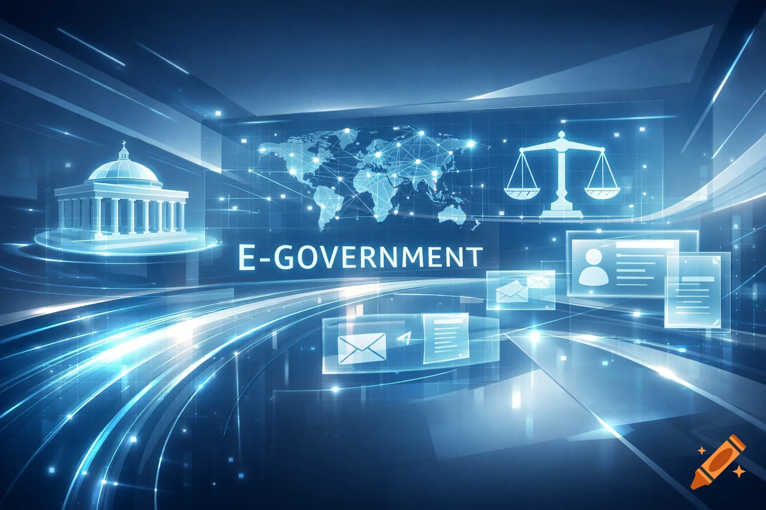 Blue digital interface with 'E-GOVERNMENT' text, a glowing world map, government building, scales of justice, and data streams.