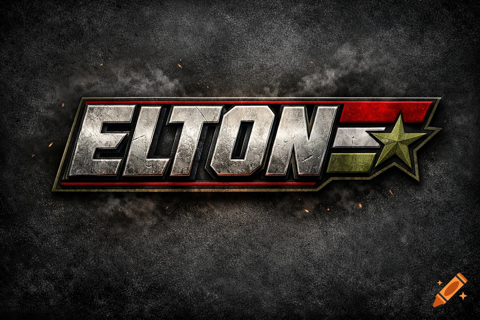Distressed metal 'ELTON' logo in the style of G.I. Joe, with a red, white, and green background and a gold star.