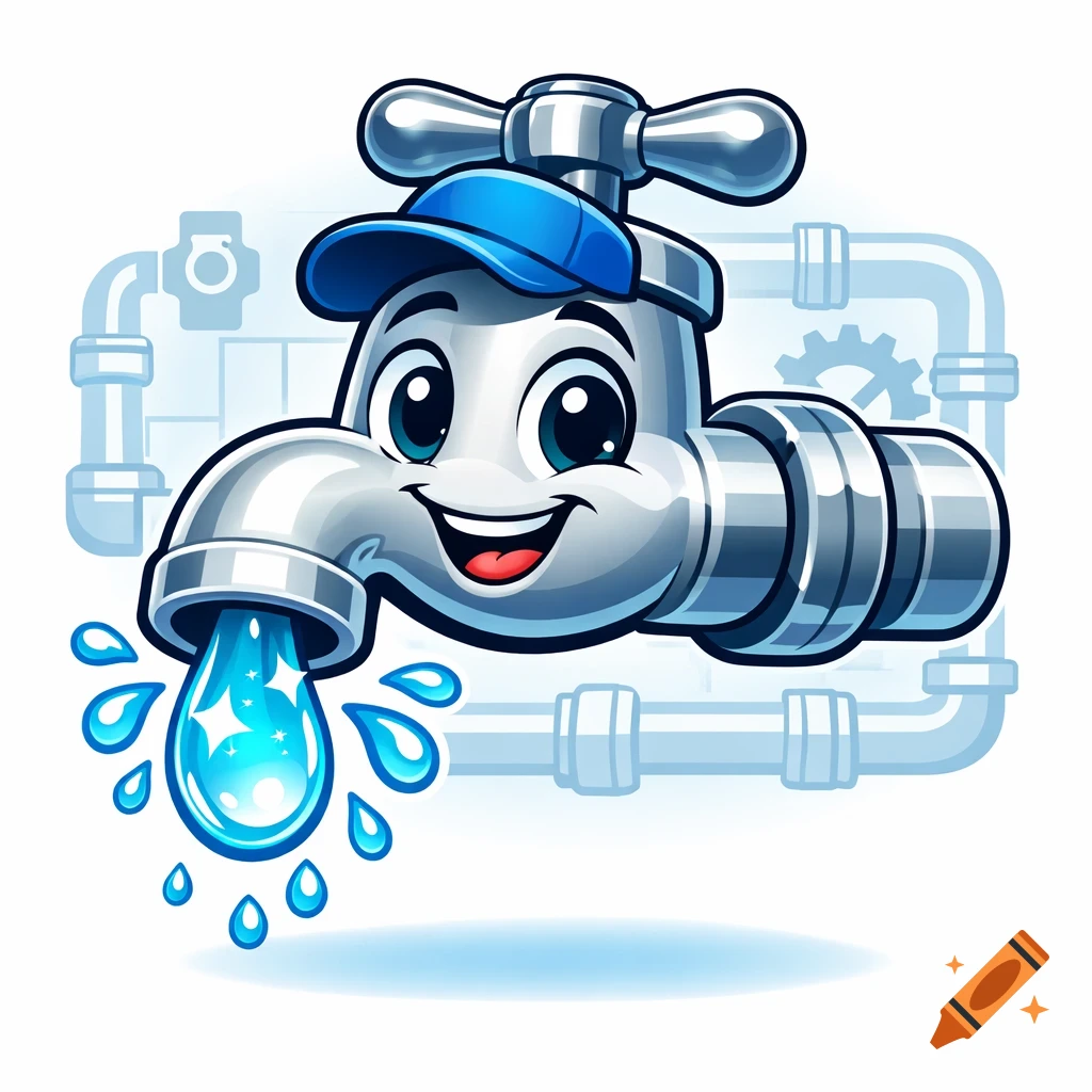 A smiling cartoon faucet character wearing a blue cap, dripping sparkling water, with a background of pipes and a gear.