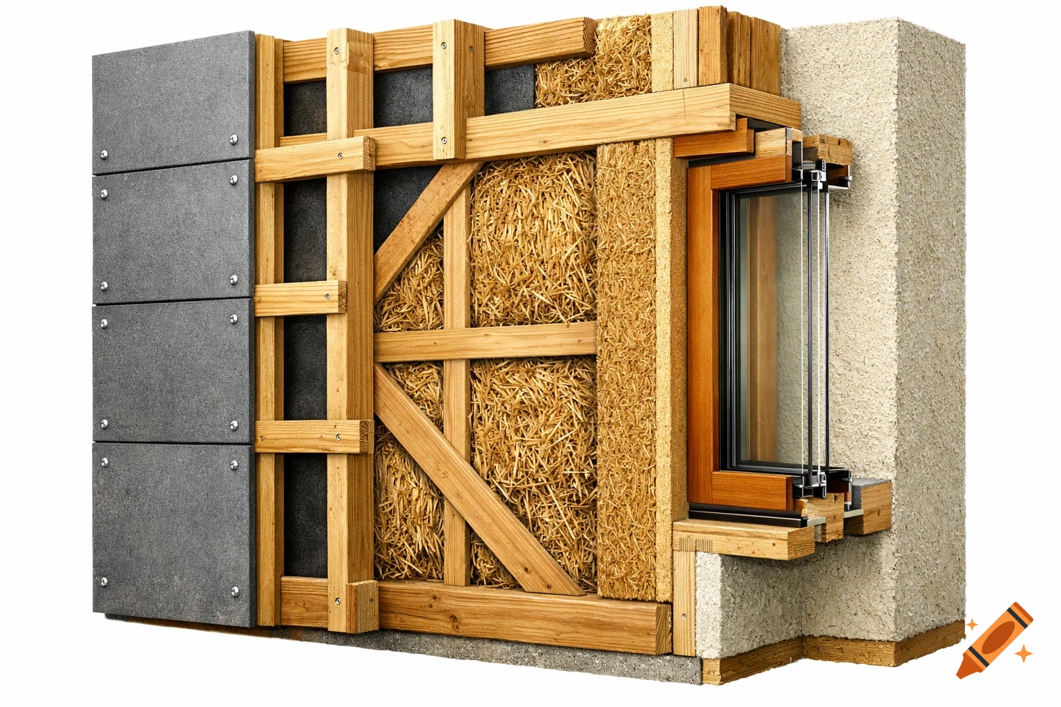 Detailed cutaway view of a wall structure showing layers of eternit facade, wood framing, straw insulation, and a flush-integrated window.