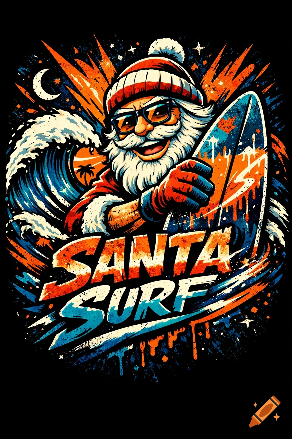 A vibrant, cartoonish illustration of Santa Claus in sunglasses and a beanie, holding a surfboard, with waves, palm trees, and text 'SANTA SURF' in an orange and blue grunge style.