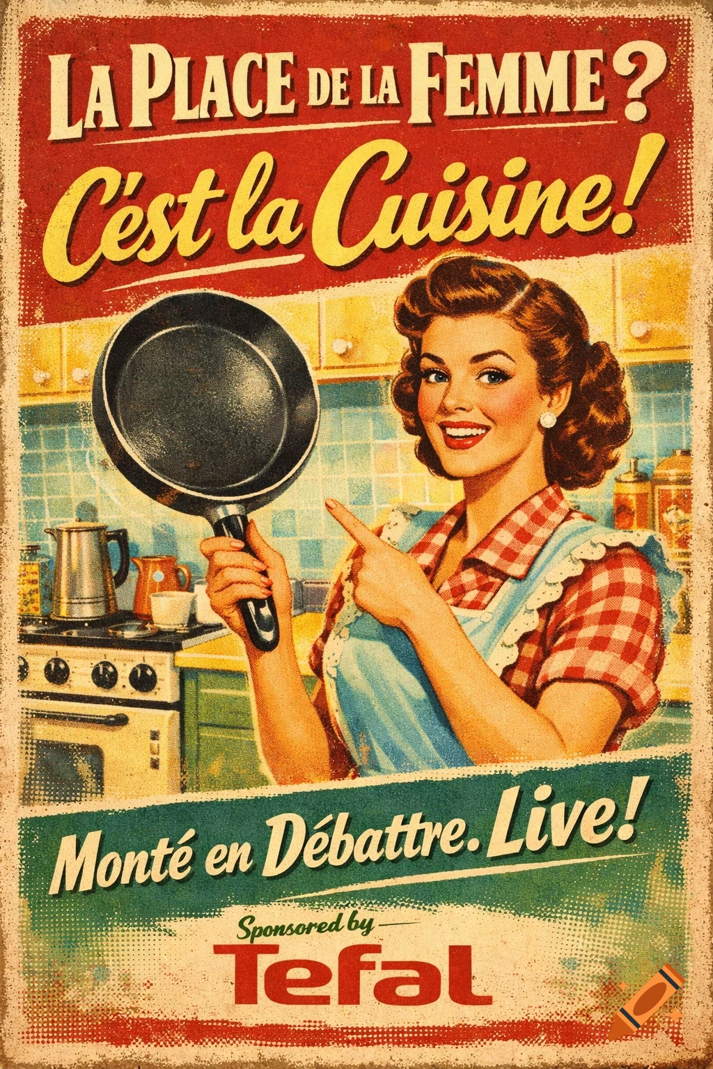 A retro-style poster features a smiling woman in an apron, holding a frying pan in a kitchen, with French text and a Tefal logo.