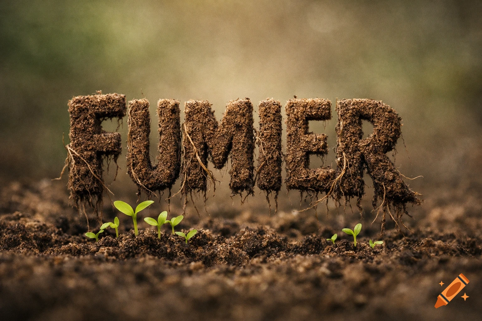 The word "FUMIER" formed from rich brown soil with small green sprouts growing in and around the letters, set against a soft, out-of-focus natural background.