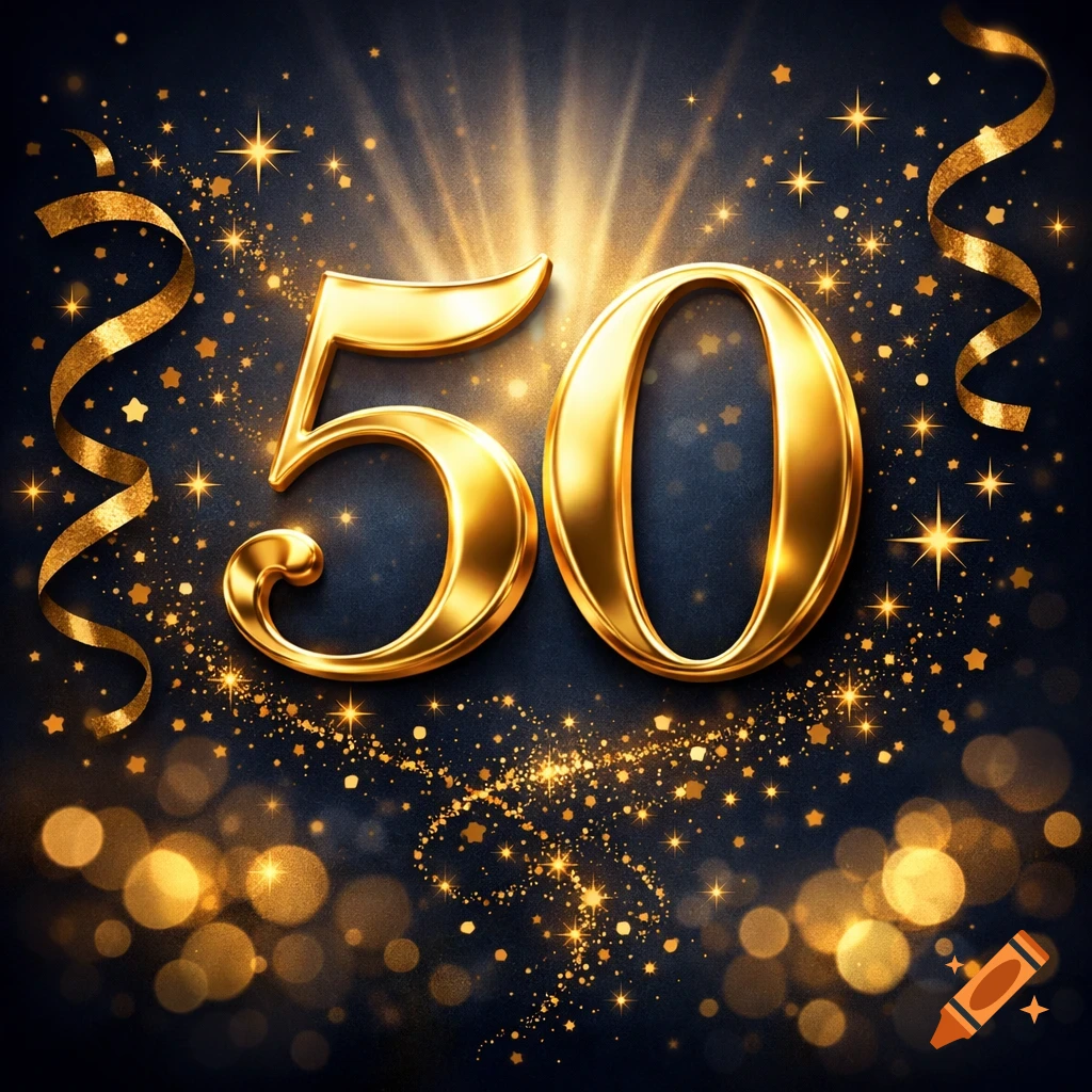 Golden number 50 surrounded by sparkling confetti, ribbons, and bokeh lights against a dark background, indicating a celebration.