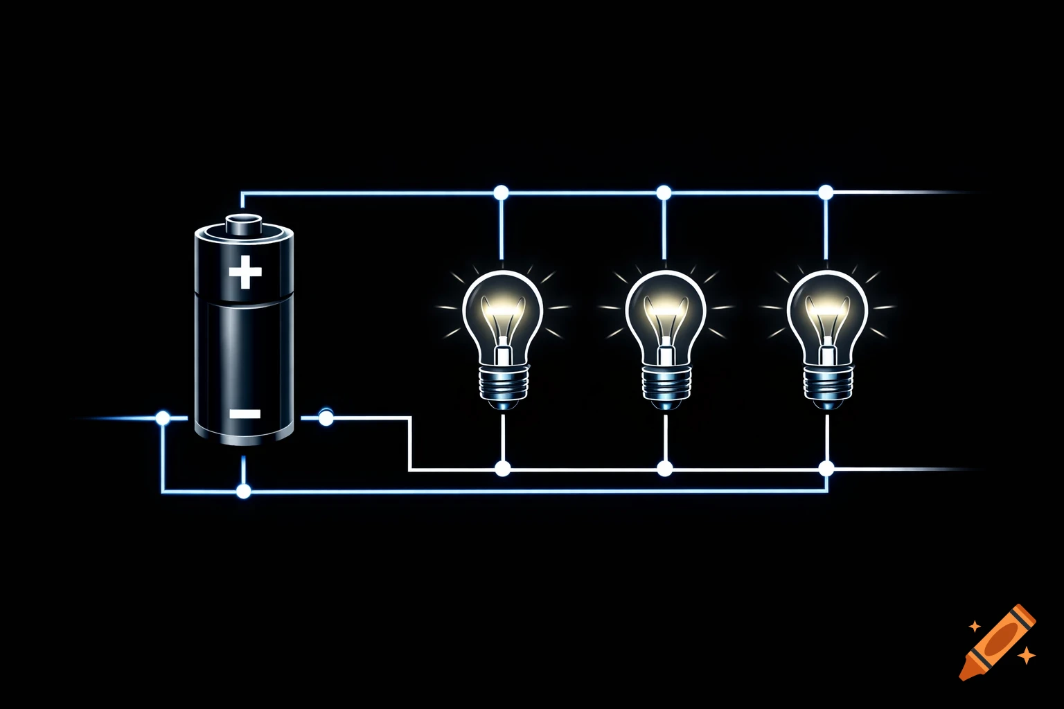 Diagram of an electrical circuit with a battery and three light bulbs connected in parallel, glowing against a dark background.