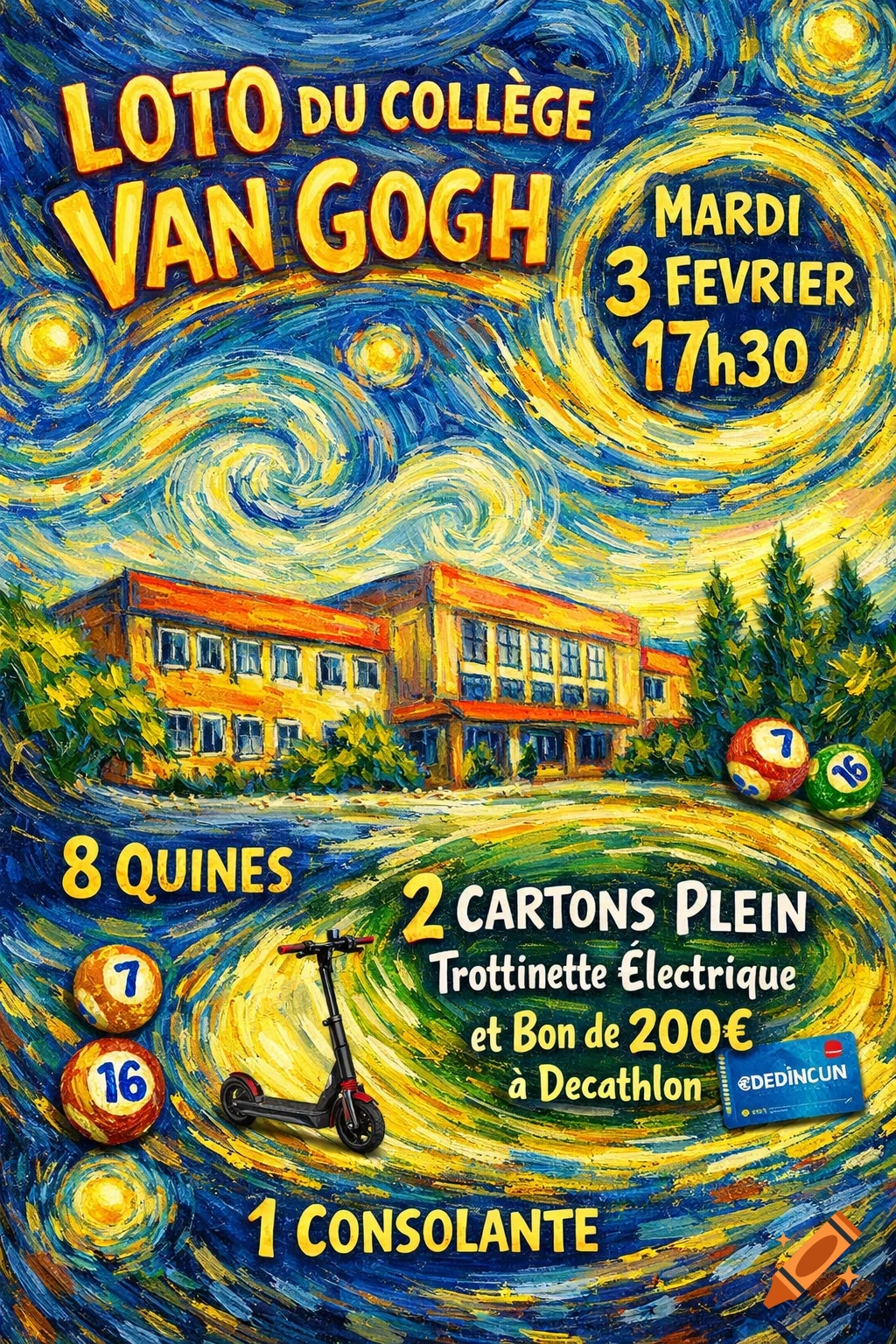 A school lottery flyer in Van Gogh's Starry Night style, featuring a school building, prizes like an electric scooter, and event details.