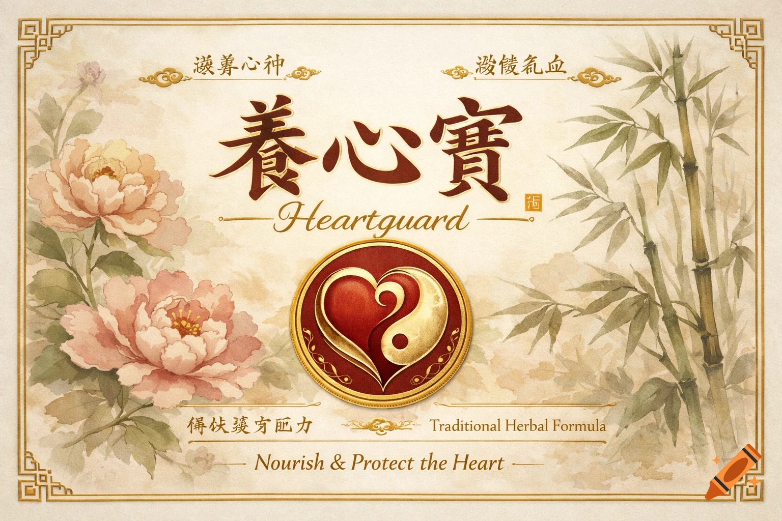 A traditional Chinese medicine label in watercolor style for "Heartguard," featuring peonies, bamboo, and a heart-shaped yin-yang symbol.