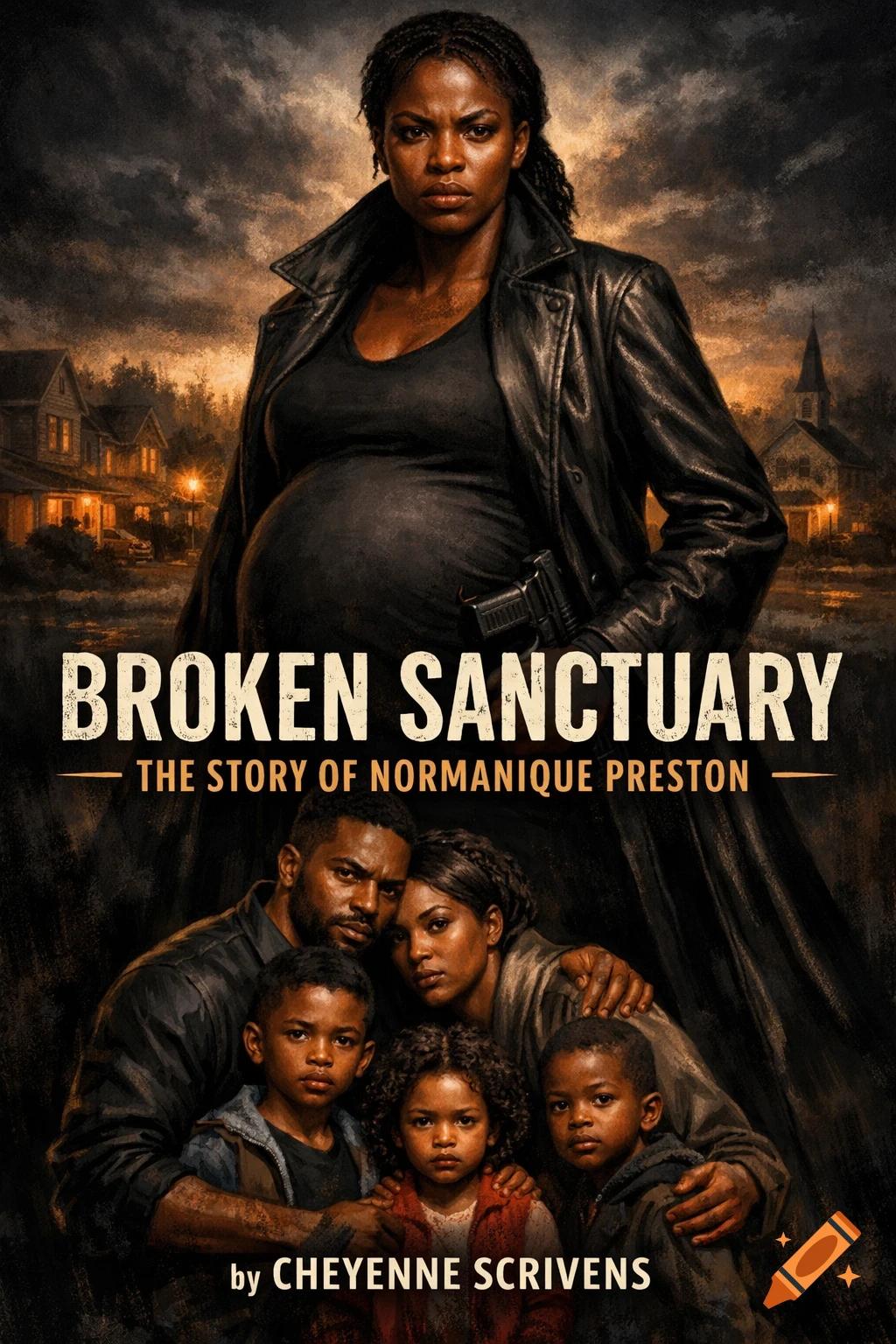 Dramatic book cover art of a serious pregnant Black woman in a leather coat with a gun, standing over her family, against a stormy town background. Text: Broken Sanctuary.