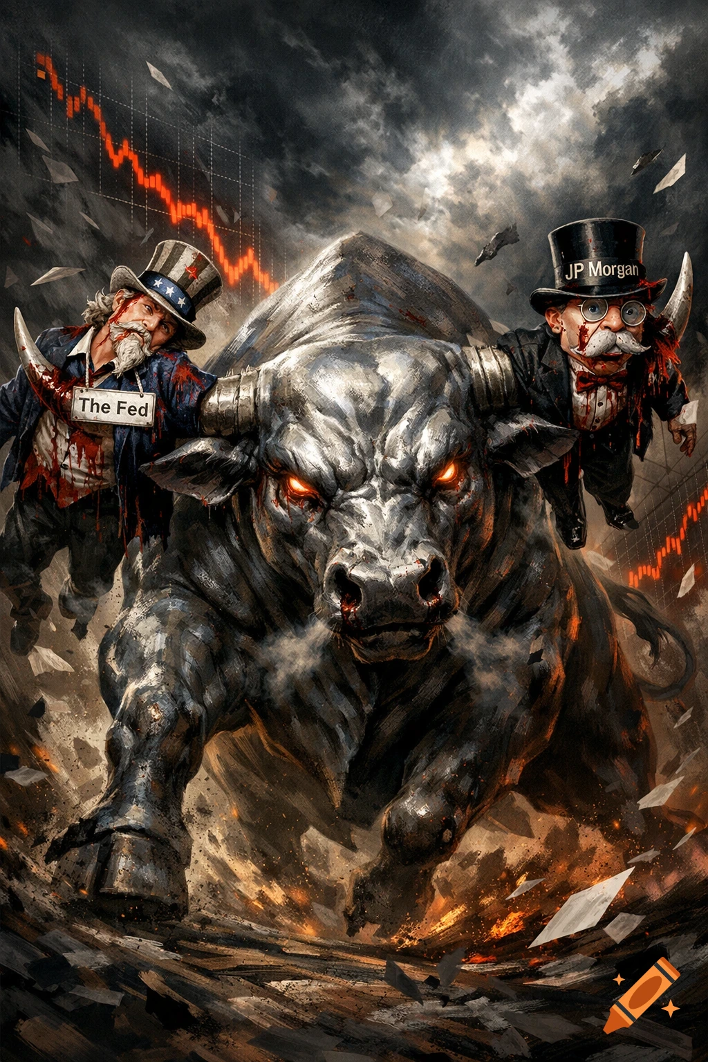 Silver bull impales Uncle Sam ('The Fed') and Monopoly Man ('JP Morgan') on horns, with a falling stock chart.