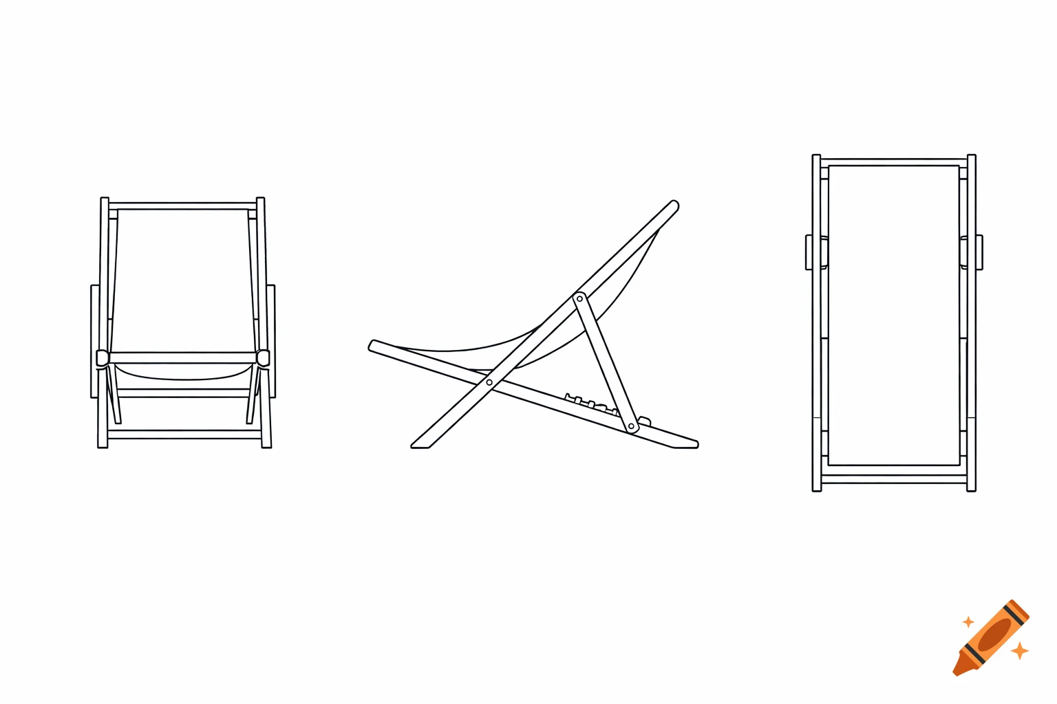 Three black and white technical line drawings of a beach chair showing front, side, and folded views.