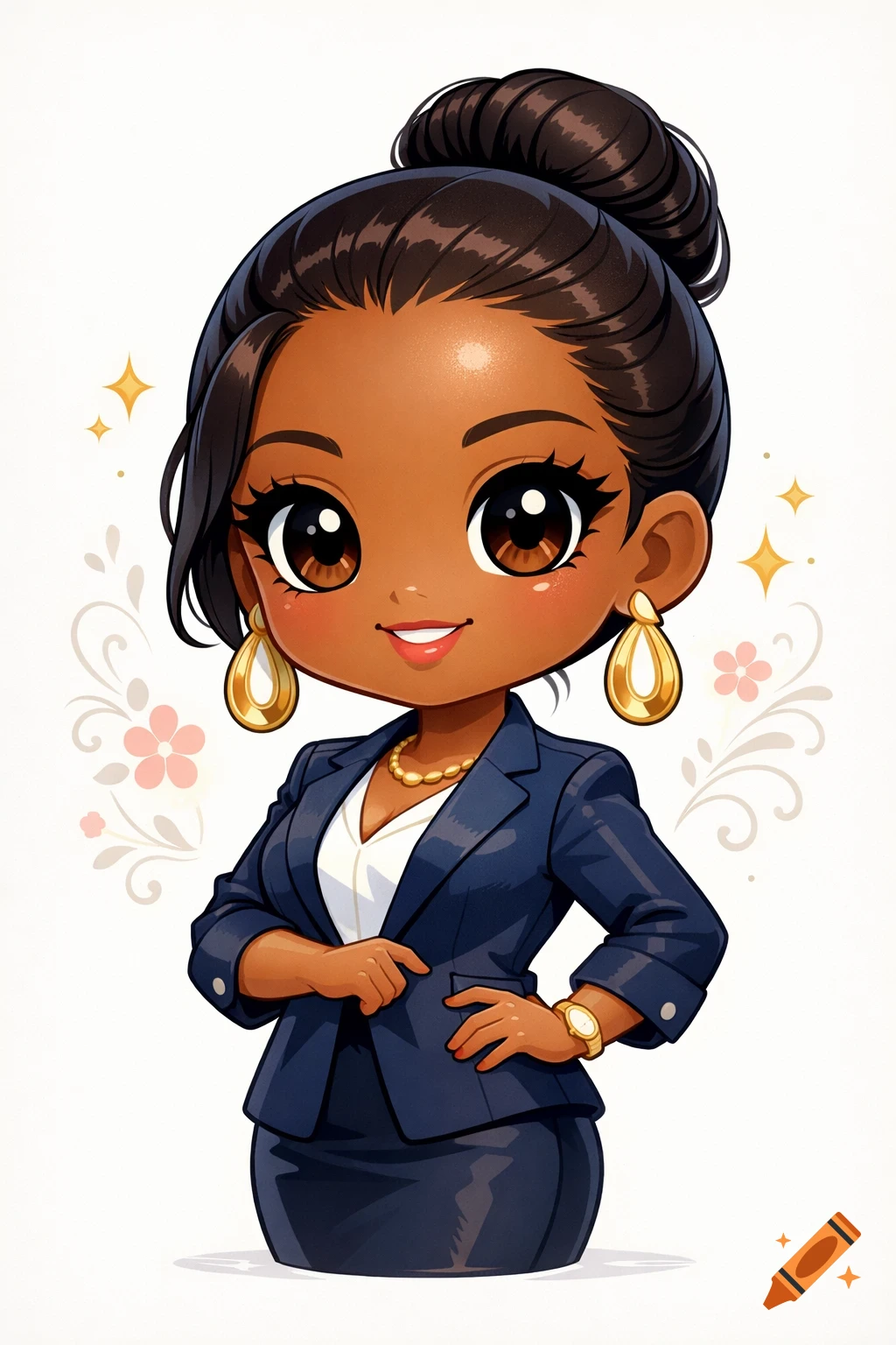 Chibi illustration of an African American woman with dark skin, wearing a navy business suit and gold jewelry, smiling confidently.