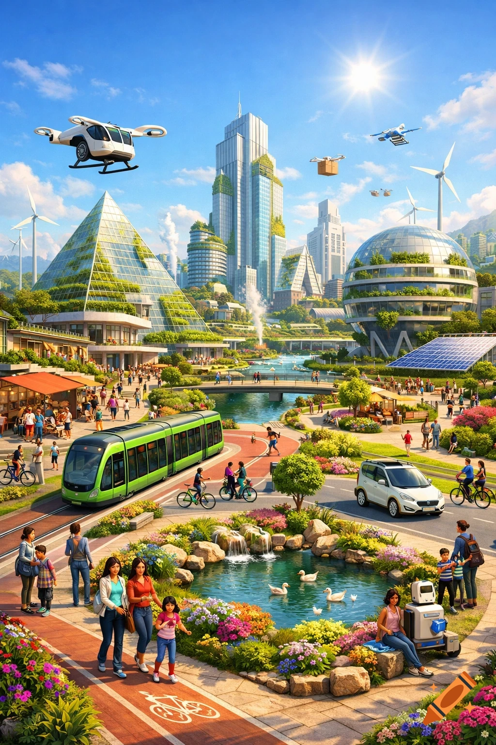 A vibrant, futuristic city with green buildings, a tram, electric car, drones, wind turbines, solar panels, lush gardens, a pond, and diverse people under a sunny sky.