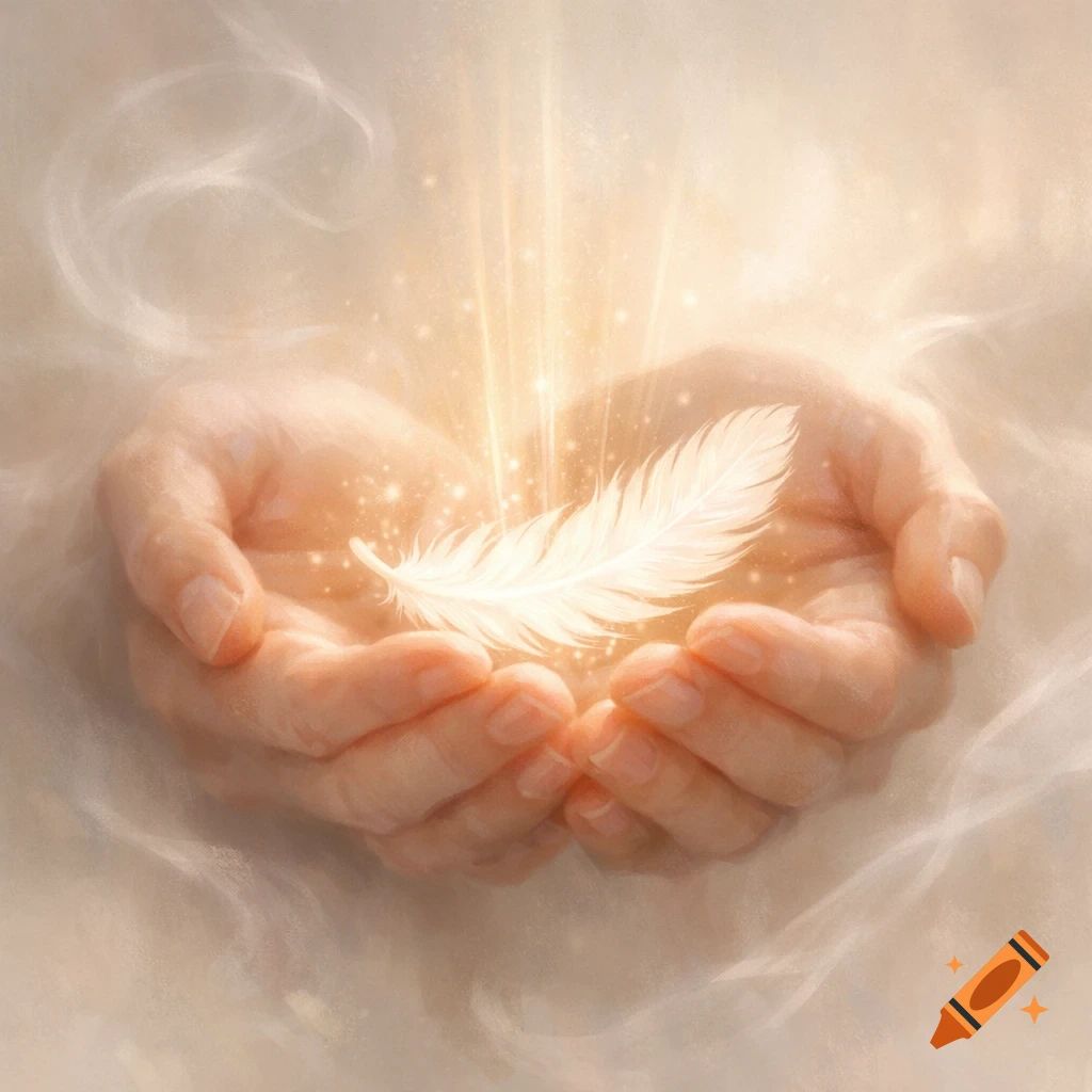 Cupped hands gently hold a glowing white feather amidst sparkling light, in an ethereal illustrative style.