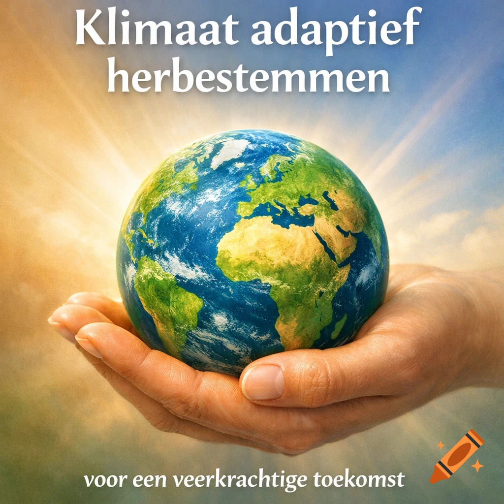 A hand gently cradles a glowing Earth globe against a bright, radiant sky, with Dutch text about climate adaptation.
