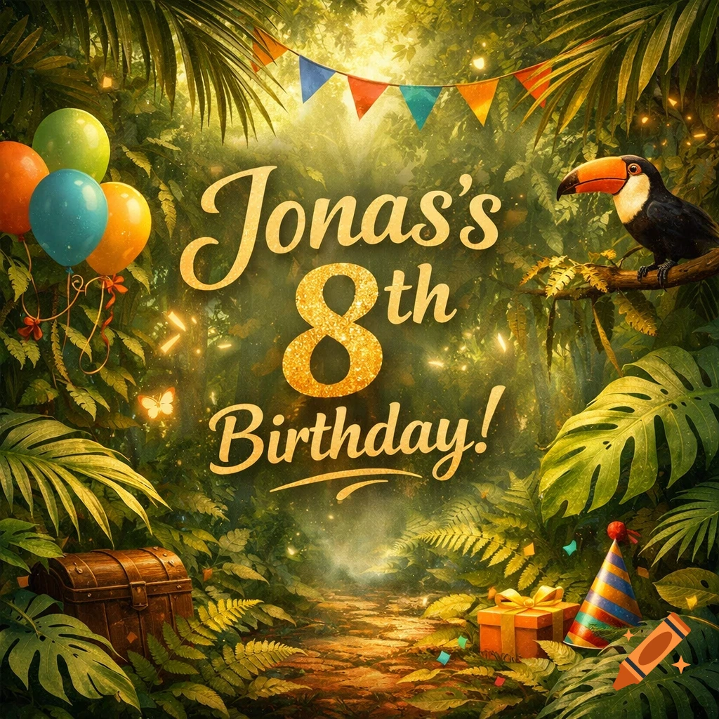 Jonas's 8th Birthday! text in a lush, glowing jungle scene with balloons, a toucan, a treasure chest, gift, and party hat.
