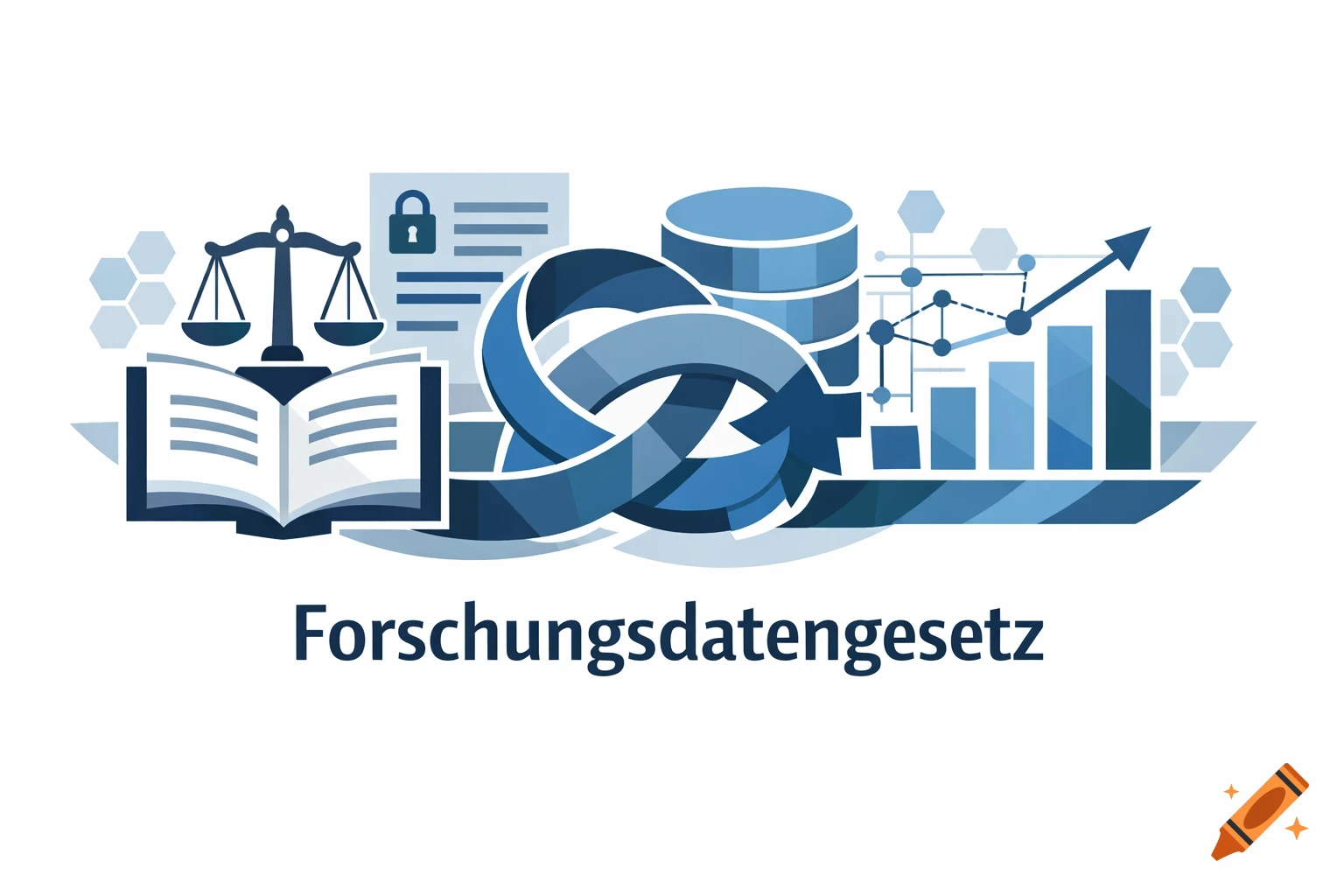 An illustration with symbols for research data law: scales of justice, an open book, data servers, a locked document, and a growth chart, with the text "Forschungsdatengesetz" below.