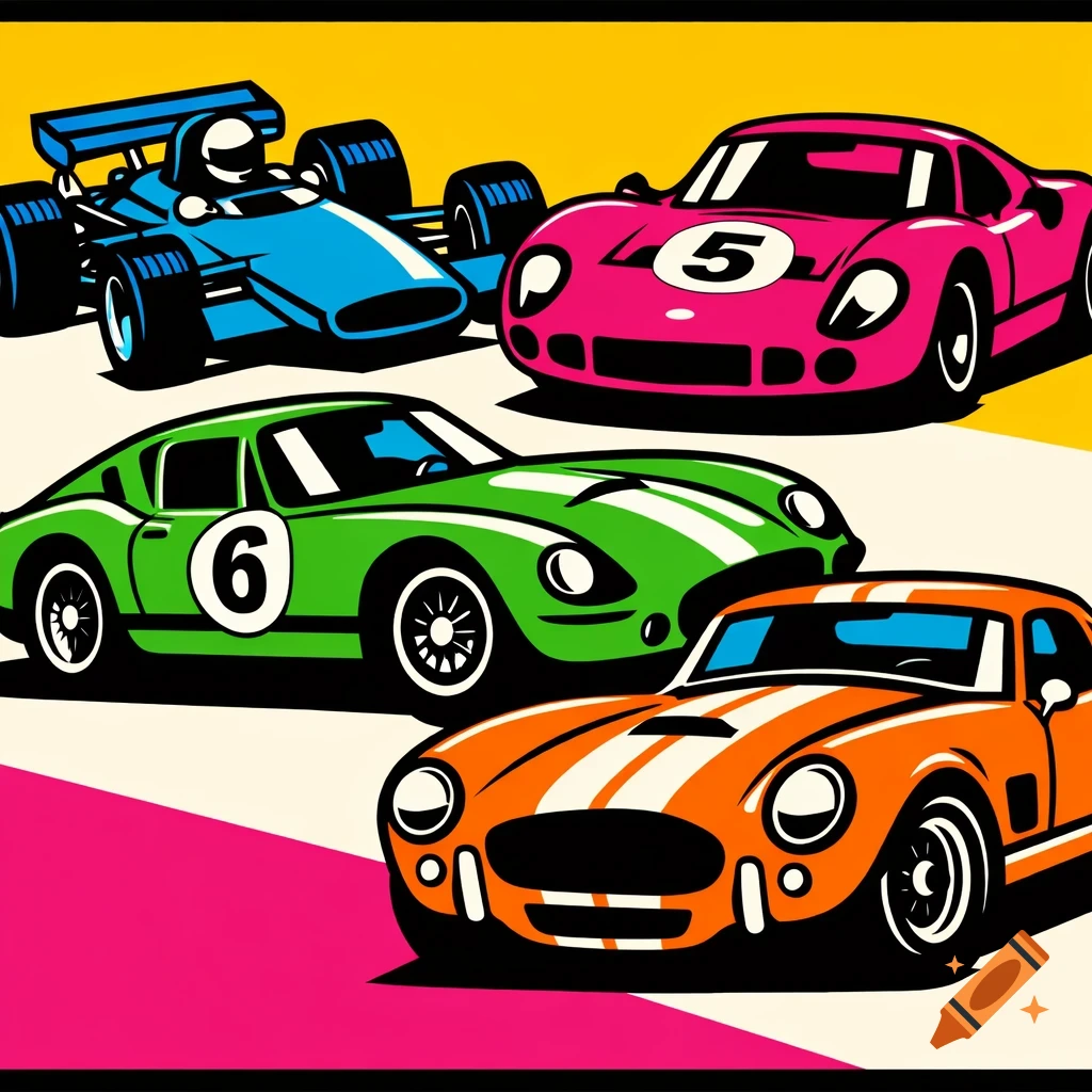 Four retro race cars in blue, pink, green, and orange in a vibrant pop art graphic design style with thick outlines.