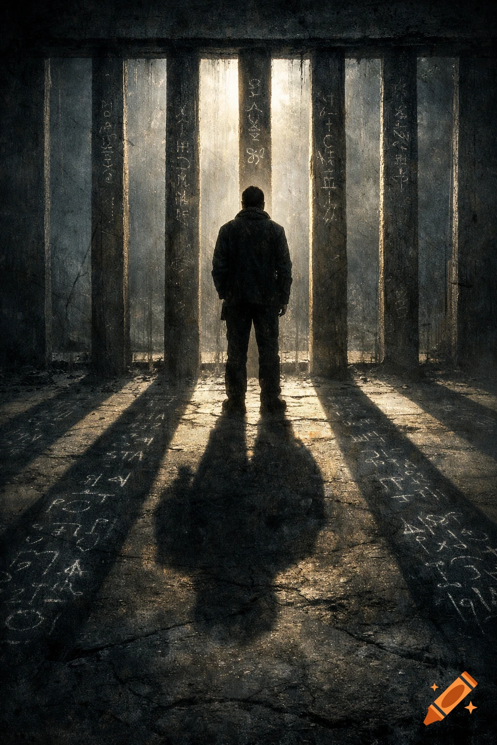 A person stands with their back to the viewer, silhouetted against bright light filtering through five tall, dark pillars covered in faint, illegible symbols, which also appear on the ground in the shadows. The scene is dark and atmospheric.