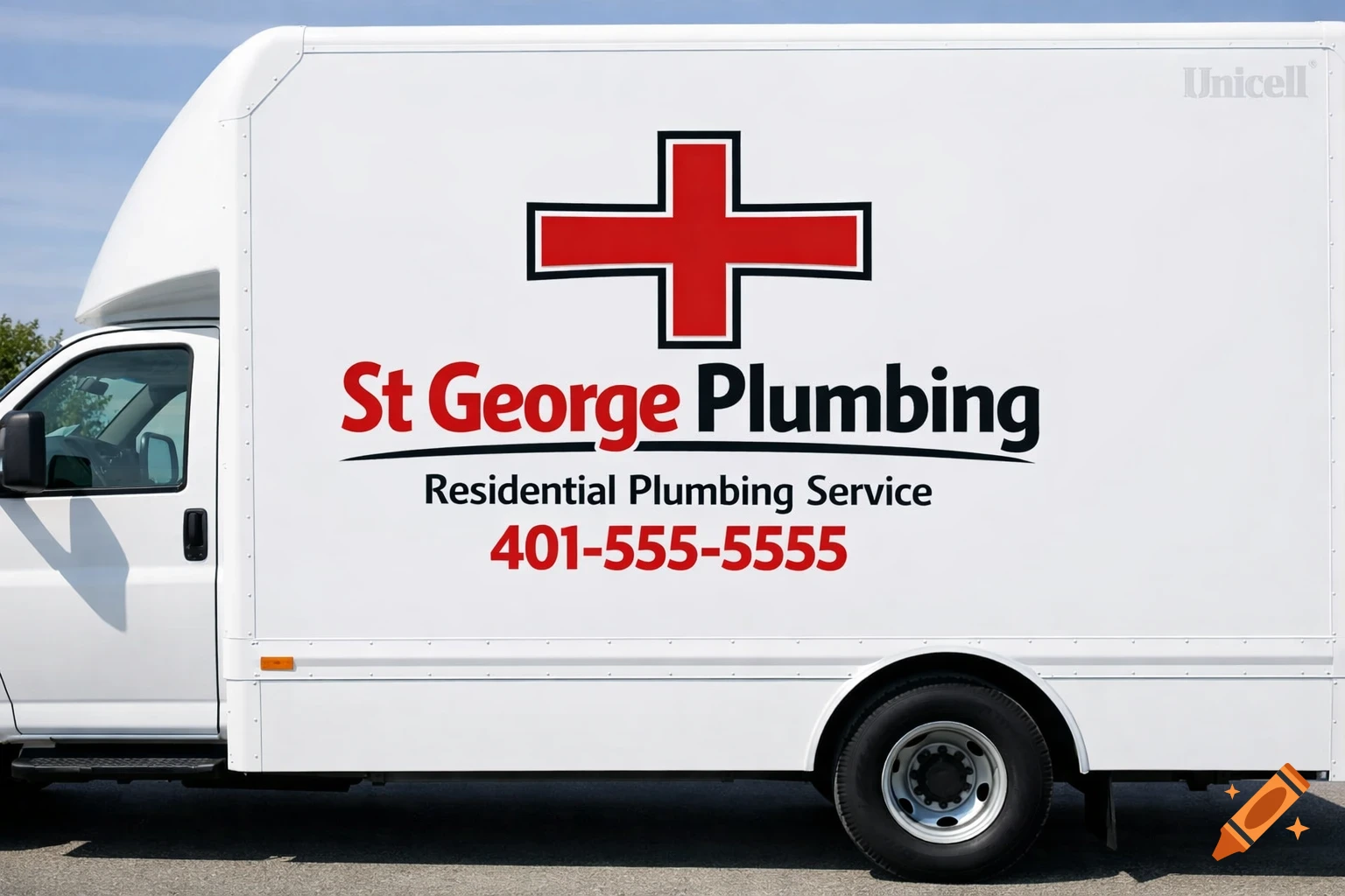 A white box truck for St George Plumbing with a red cross logo, showing text 'St George Plumbing Residential Plumbing Service 401-555-5555' on its side.
